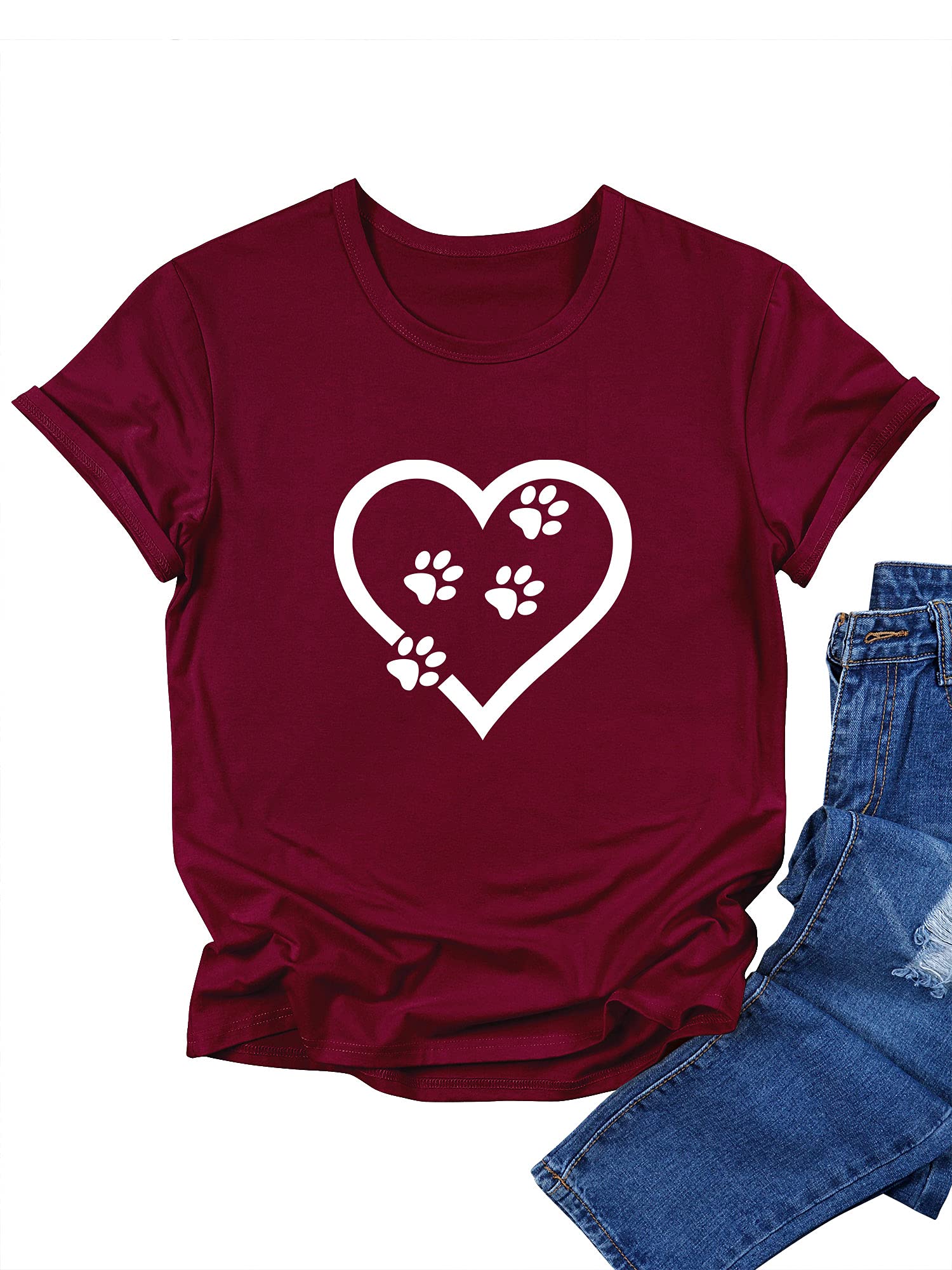 Funny Cute Love Heart Graphic Tee for Women - Dog Footprints Print Casual T-Shirt | Perfect for Date Nights, Girlfriend Gifts & Everyday Wear
