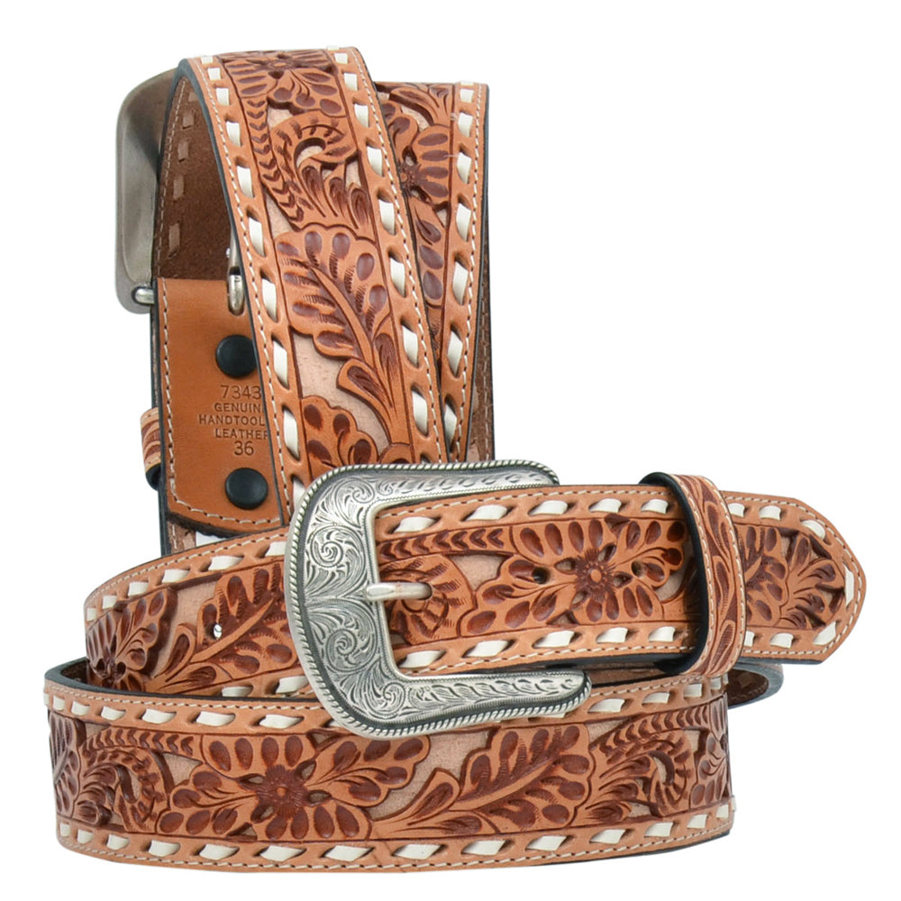 3D Floral Embossed Western Belt for Men - 36 Inch Genuine Leather Buckstitch Cowboy Belt - Perfect for Rodeo, Country Music Festivals & Western Fashion Outfits