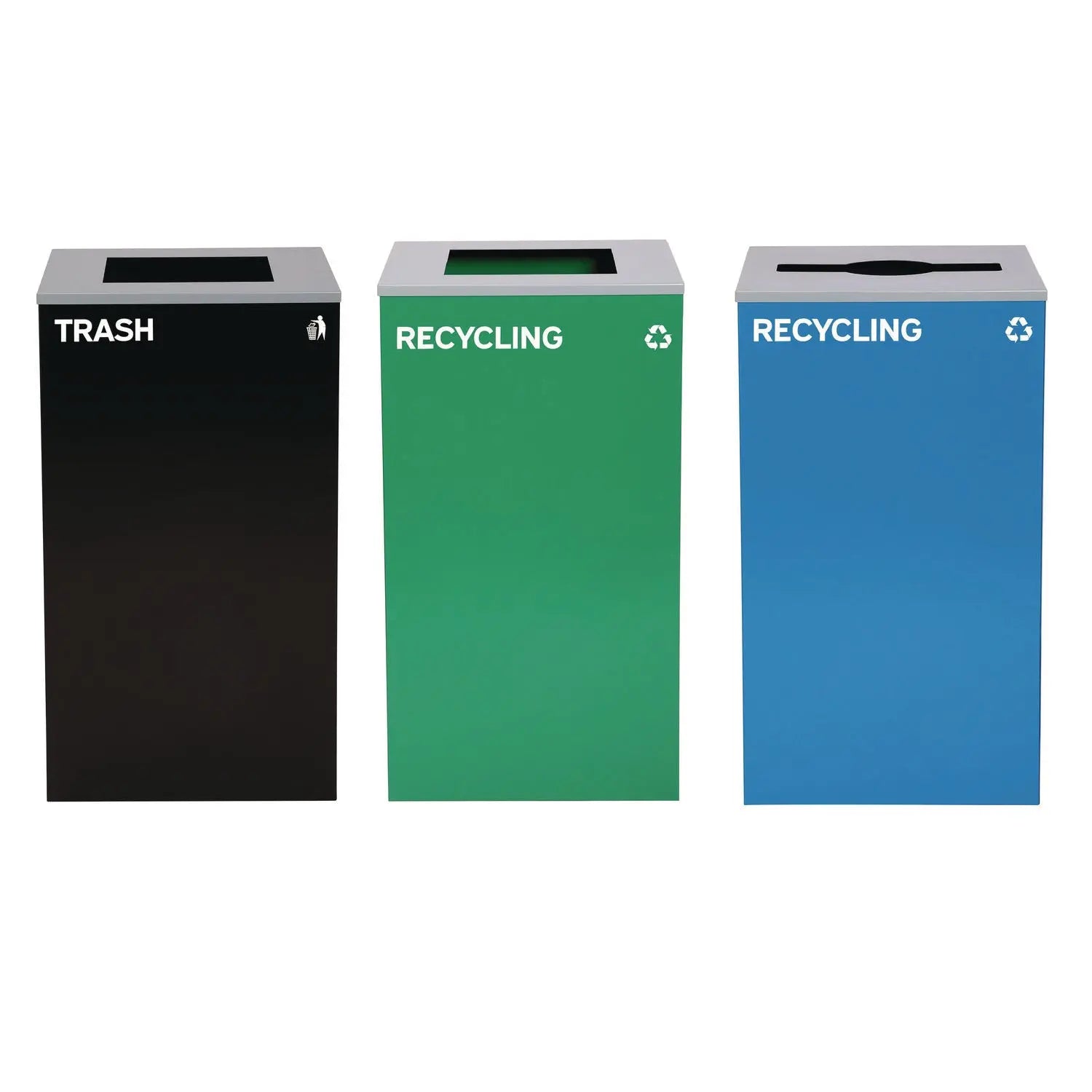 Alpine Industries 29 Gallon Steel Trash & Recycling Cans Set - Blue Recycling Bin with Mixed Lid, Green Recycling Bin & Black Trash Can with Square Lid for Kitchen, Office & Outdoor Waste Management