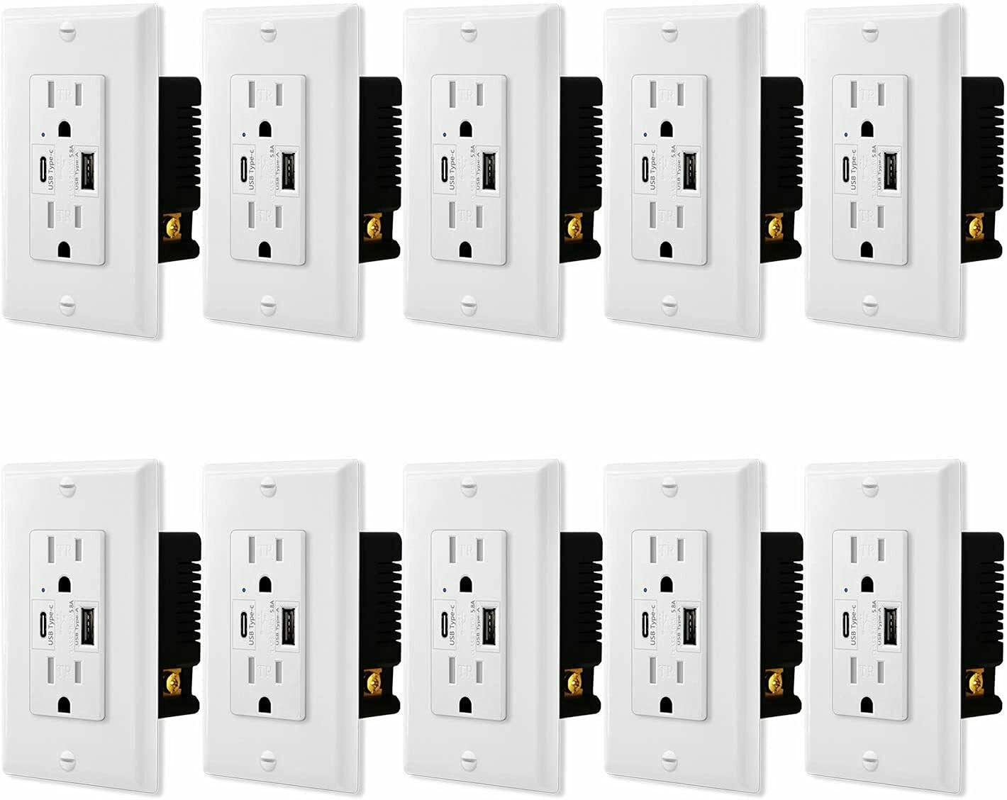 USUPERINK 10-Pack UL Certified USB Wall Outlet - Dual Type C & Type A Ports (5.8A 5V) with 15A Tamper-Resistant Receptacle - White AC Power Socket for Fast Charging & Data Sync - Easy Installation for Home, Office & Hotel Use
