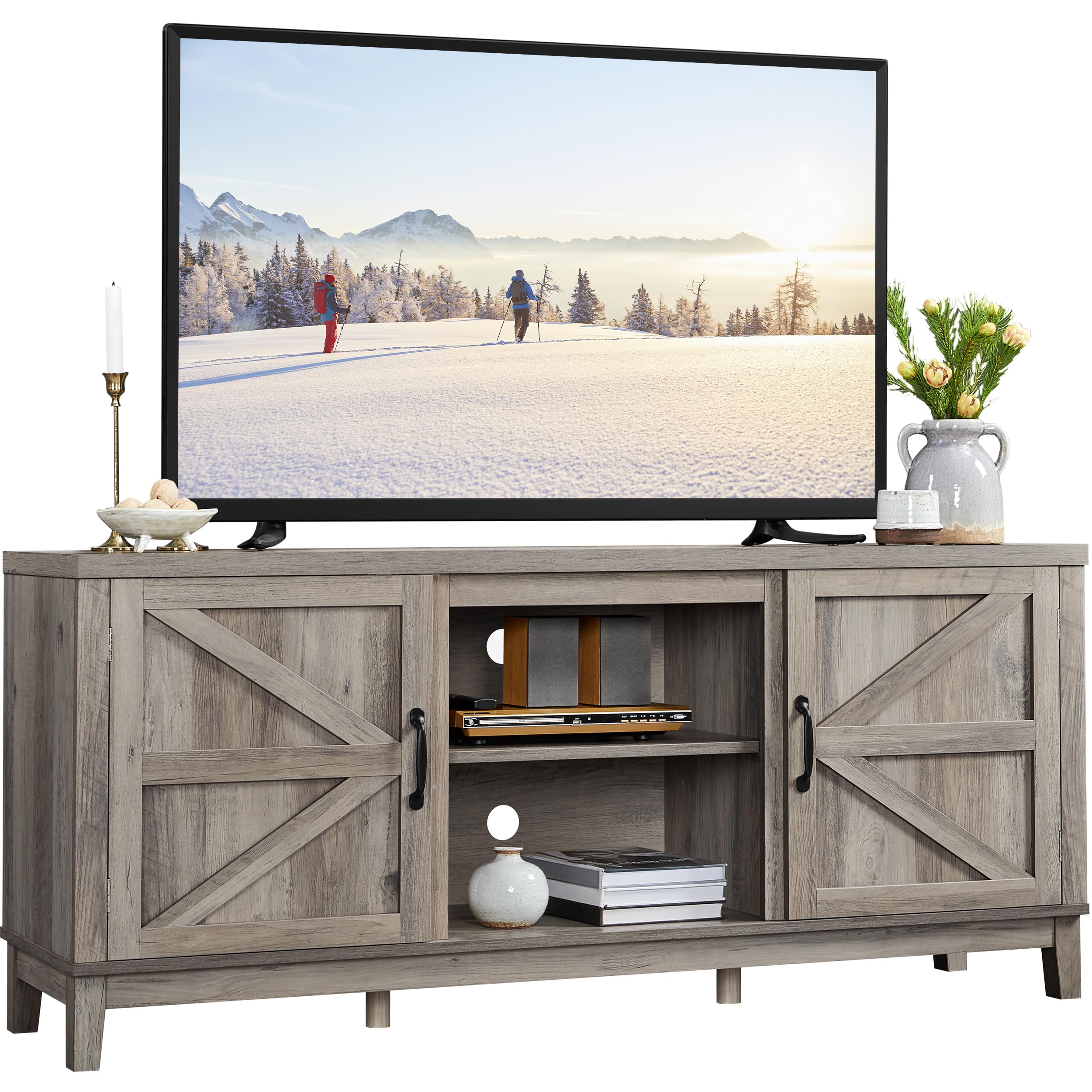 Yaheetech 65 Inch TV Stand - Farmhouse Style Entertainment Center with Double Barn Doors, Gray - Perfect for Living Room & Bedroom - Sturdy TV Console Table for Flat Screen TVs