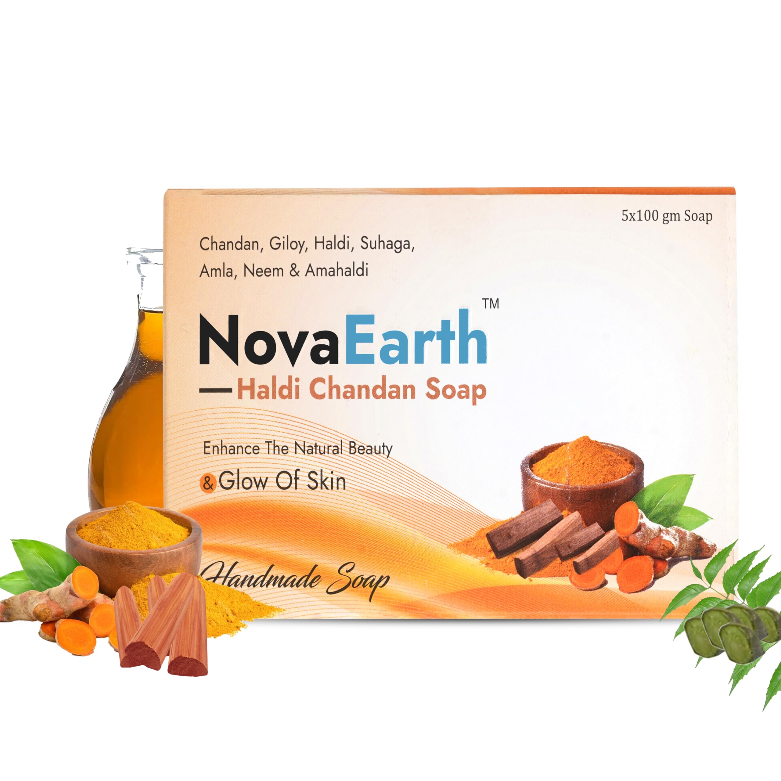 NovaEarth Haldi Chandan Ayurvedic Bathing Soap with Glycerin Base - Enriched with Giloy, Suhaga, Amla, Neem & Amahaldi | Handmade Herbal Soap for All Skin Types | Anti-Aging, Moisturizing & Cleansing | Pack of 5 Bars (100g Each, Total 500g) | Perfect for Daily Skincare Routine & Ayurvedic Wellness