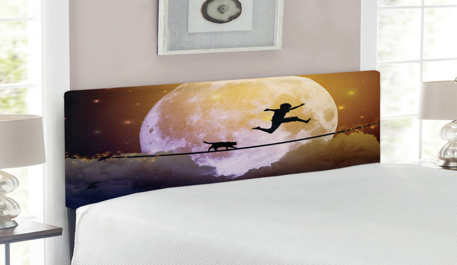 Ambesonne Adventure Headboard - Queen Size Upholstered Metal Bed Frame with Memory Foam, Full Moon Print Featuring Boy and Cat Silhouette, Multicolor Decorative Headboard for Kids' Bedroom & Cozy Bedroom Decor
