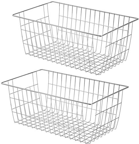 2 Pack SANNO Large Metal Wire Freezer Baskets with Handles - Food Storage Organizer for Kitchen, Pantry, Bathroom, Laundry Room & Garage - Chrome Wire Bins Perfect for Frozen Foods, Snacks & Household Organization