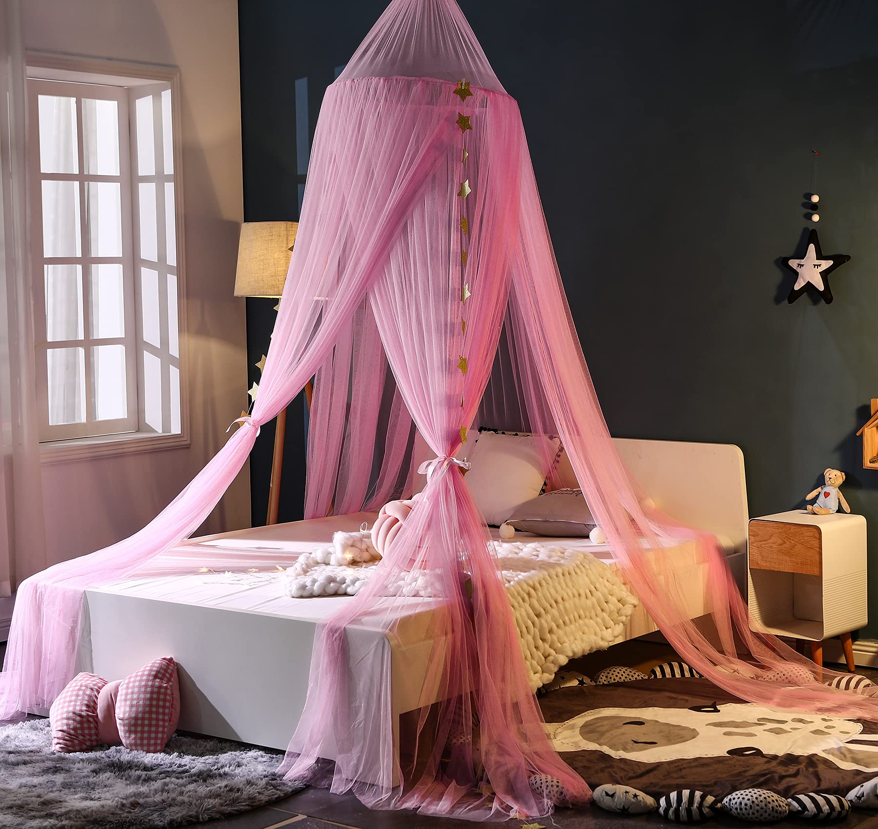 Mengersi Pink Princess Bed Canopy for Girls - Elegant Kids Room Decor & Bedroom Decoration - Perfect for Birthday Gifts, Sleepovers, and Creating a Dreamy Bedroom Atmosphere