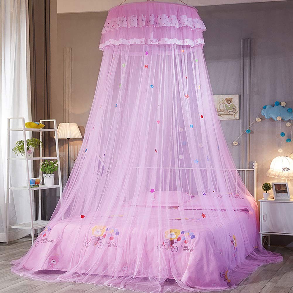 Pokerty Pink Princess Lace Canopy Bed Curtain for Girls - Round Mosquito Net with Romantic Lace Design - Perfect for Kids Bedroom Decor & Fairy Tale Themed Sleepovers