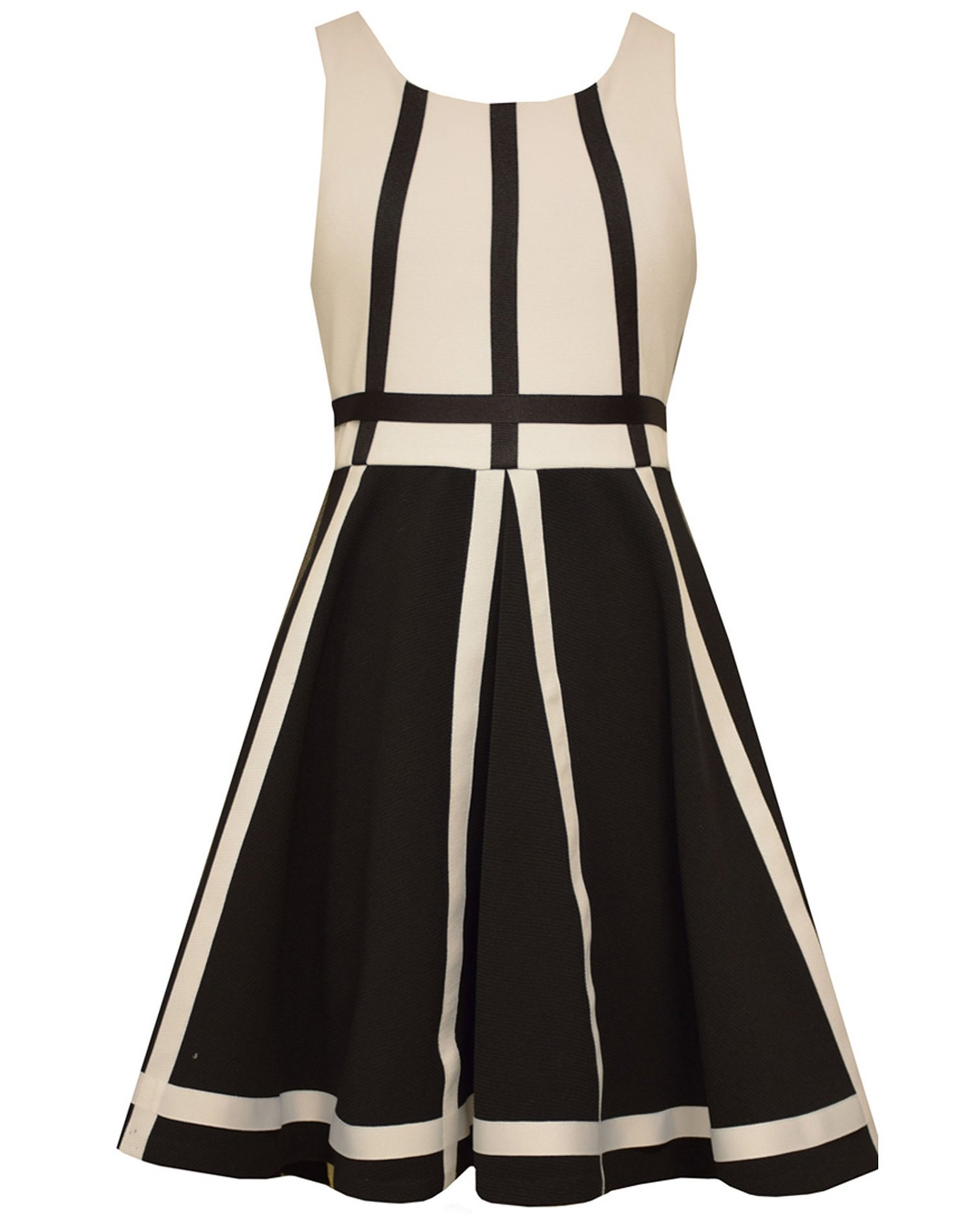 **Little Girls' Black & White Geometric Colorblock Fit Flare Dress - Size 4-6X (6, Black/White) - Perfect for Birthday Parties, School Events & Family Photos**