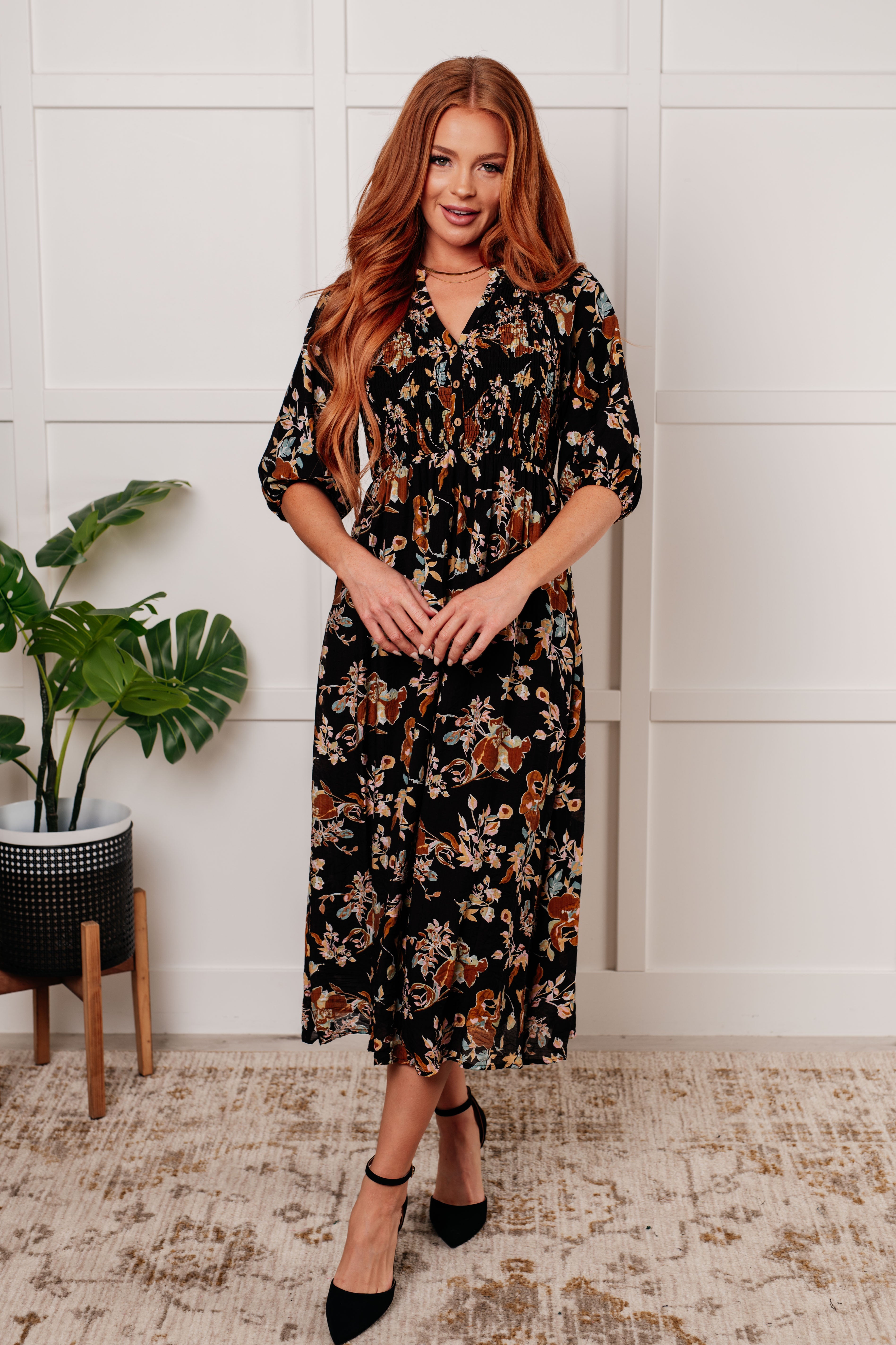 Look My Way Smocked Bodice Button Down Dress - Elegant Floral Summer Dress for Women, Perfect for Weddings, Parties & Special Occasions