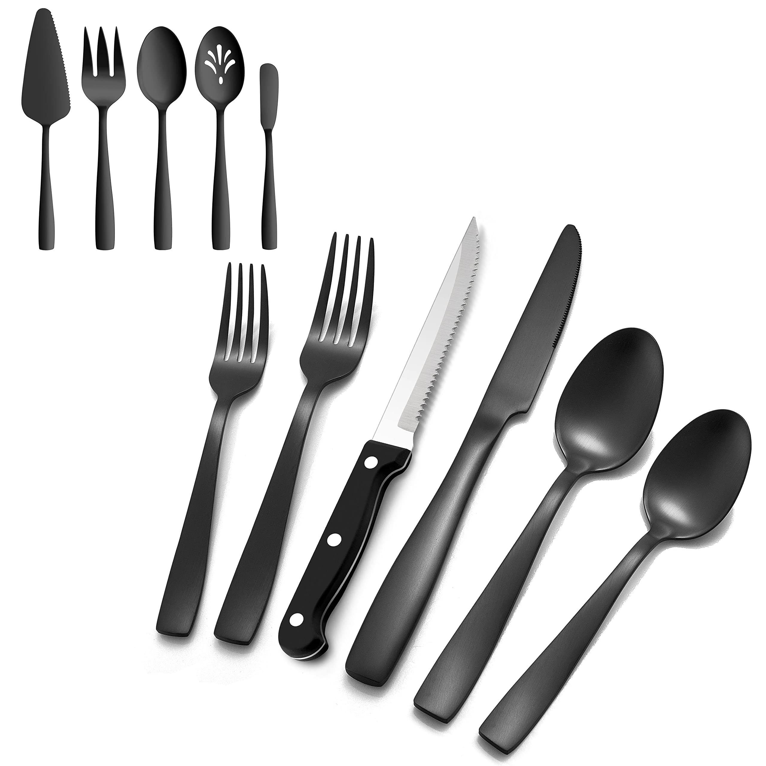 Homikit 29-Piece Matte Black Stainless Steel Flatware Set - Includes Serving Utensils & Steak Knives for 4, Elegant Square Cutlery Set, Dishwasher Safe Metal Tableware for Home Dining, Dinner Parties & Restaurant-Style Meals