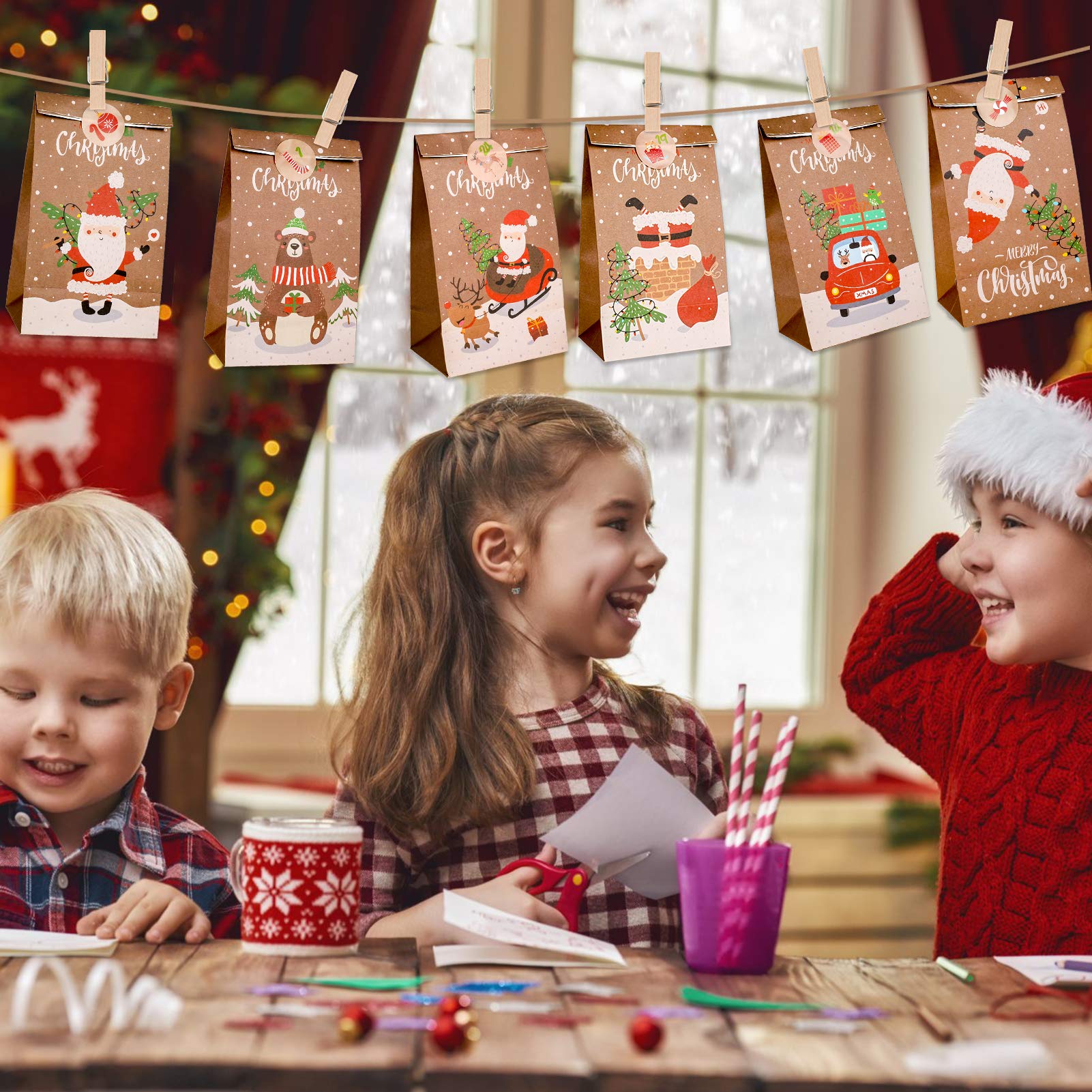 Konsait 24 Days Advent Calendar Christmas Decorations - DIY Countdown Calendar with Gift Bags, Numbers Stickers, Clips & Rope for Holiday Party Favors | Perfect for Christmas Countdown, Home Decor & Gift Giving