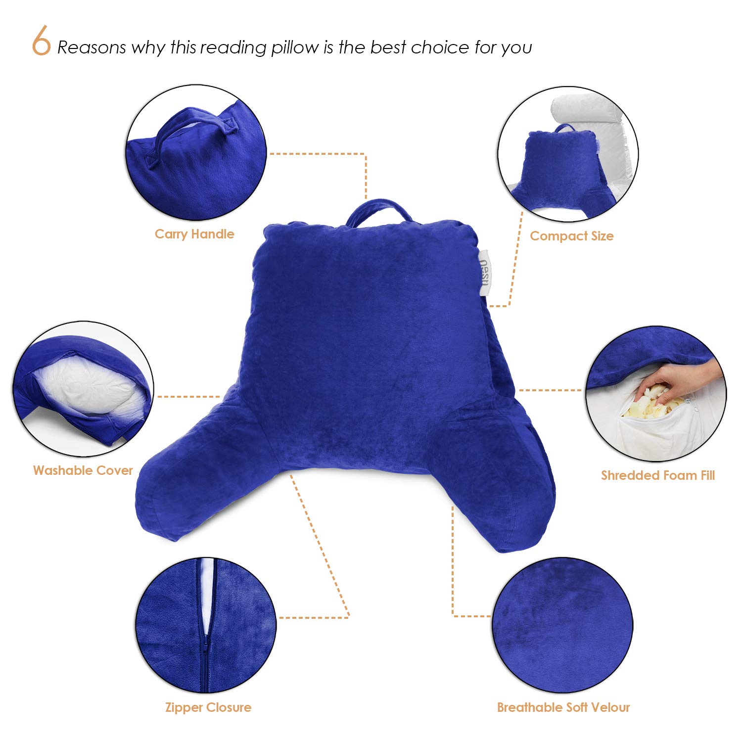 Nestl Reading Pillow with Shredded Memory Foam - Supportive Back Pillow for Sitting in Bed, Reading & Relaxing - Royal Blue Bed Rest Pillow with Pockets - Perfect for Reading, Watching TV, or Lounging Comfortably