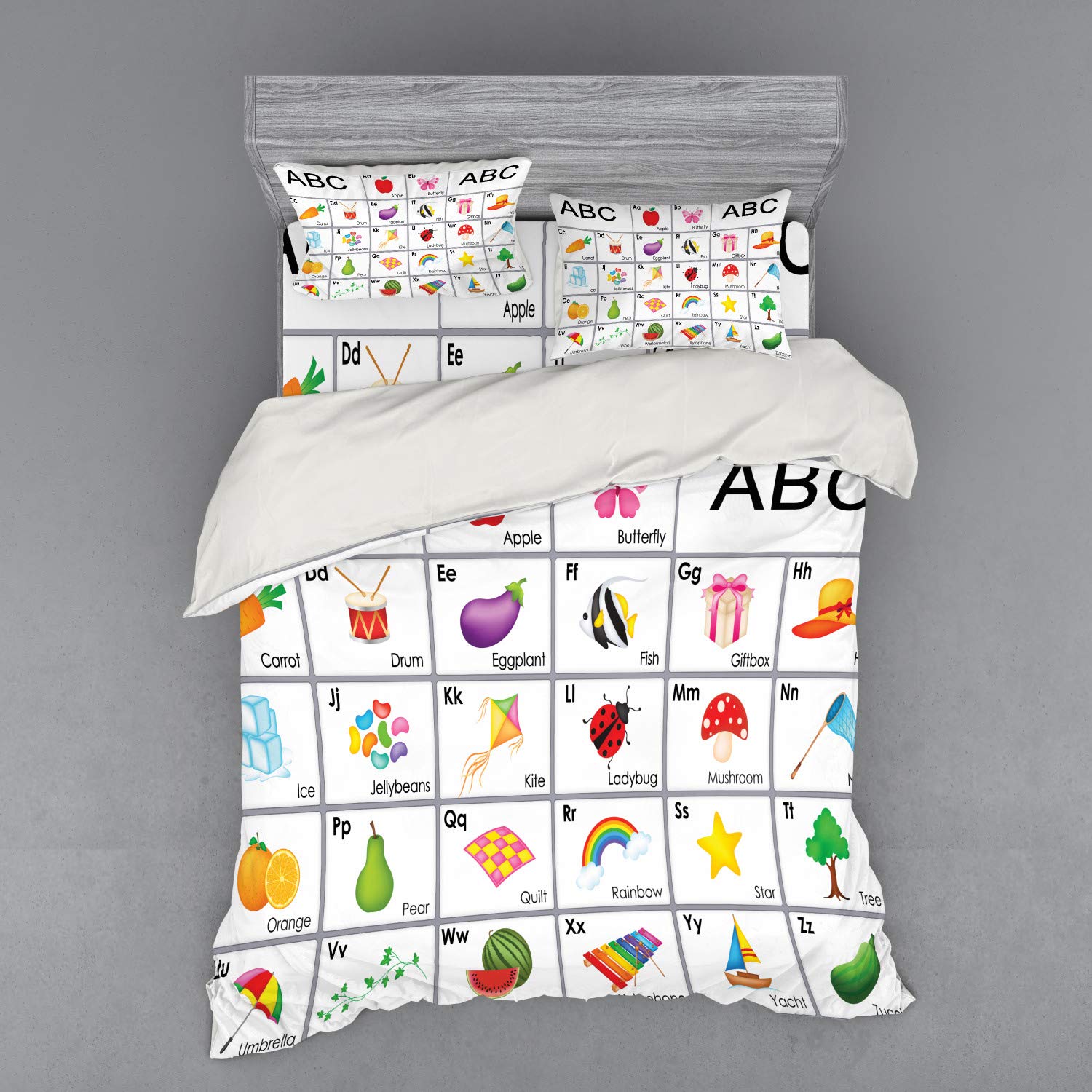 Ambesonne Alphabet Bedding Set - 3 Piece Duvet Cover with Sham & Fitted Sheet, Queen Size, Multicolor Themed Squares Featuring Letters, Animals & Vegetables - Perfect for Kids' Rooms, Nursery Decor & Educational Themed Bedrooms