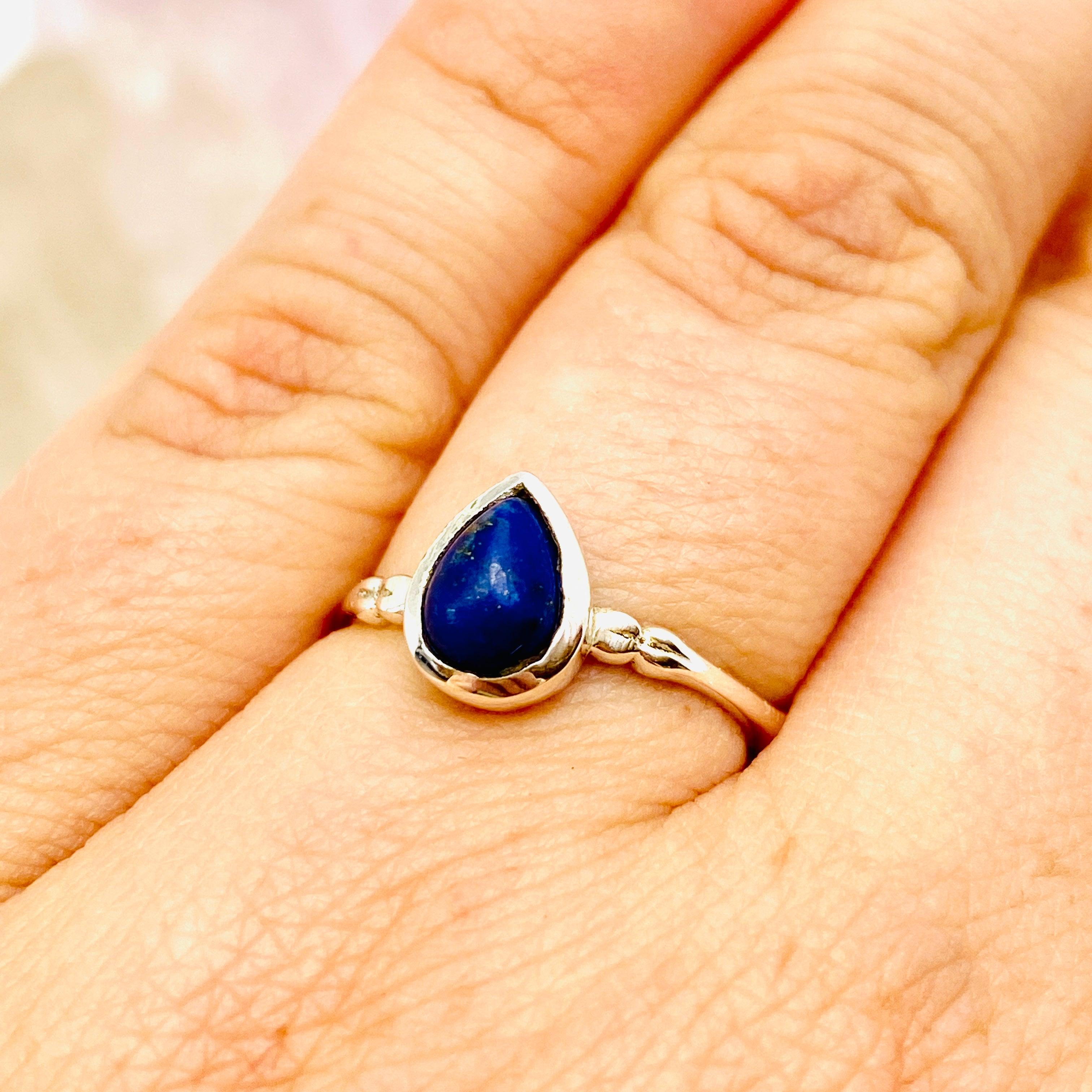 Lapis Lazuli Cabochon Teardrop Fine Band Ring - 925 Sterling Silver Handmade Jewelry for Women - Perfect for Gift Giving, Meditation & Spiritual Healing