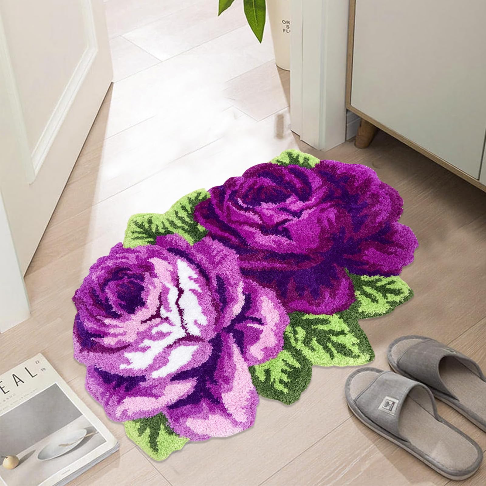 USTIDE Fluffy Purple Rose Bathroom Rugs - Soft Handmade Non-Slip Washable High Pile Doormat for Bathroom & Entryway - Perfect for Cozy Home Decor, Spa-Like Bathroom Experience, and Welcoming Entry Floor Mat