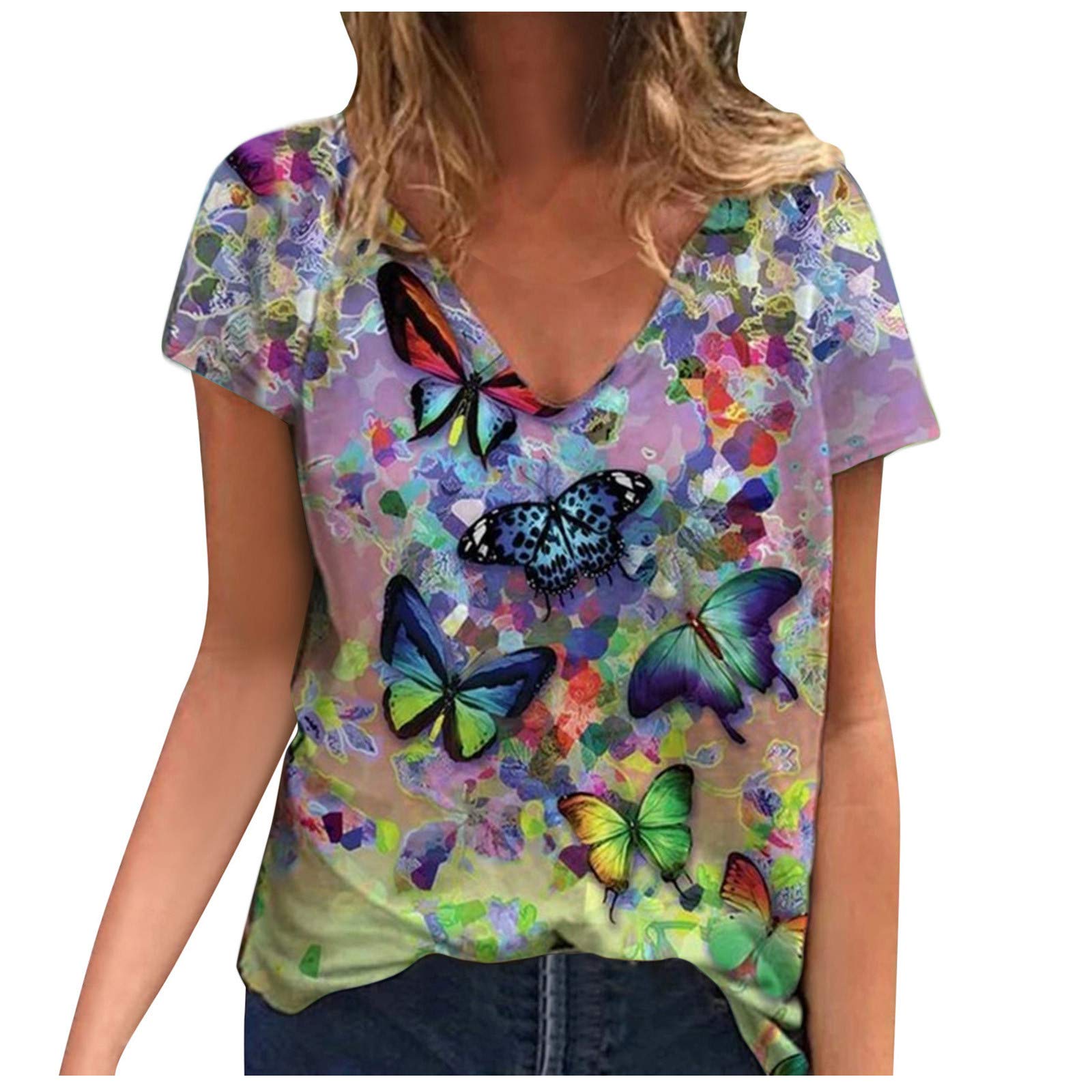Women's Loose Fit V-Neck Tunic Tops - Short Sleeve Printed Blouse Tee for Casual Wear & Summer Outfits | Plus Size Available