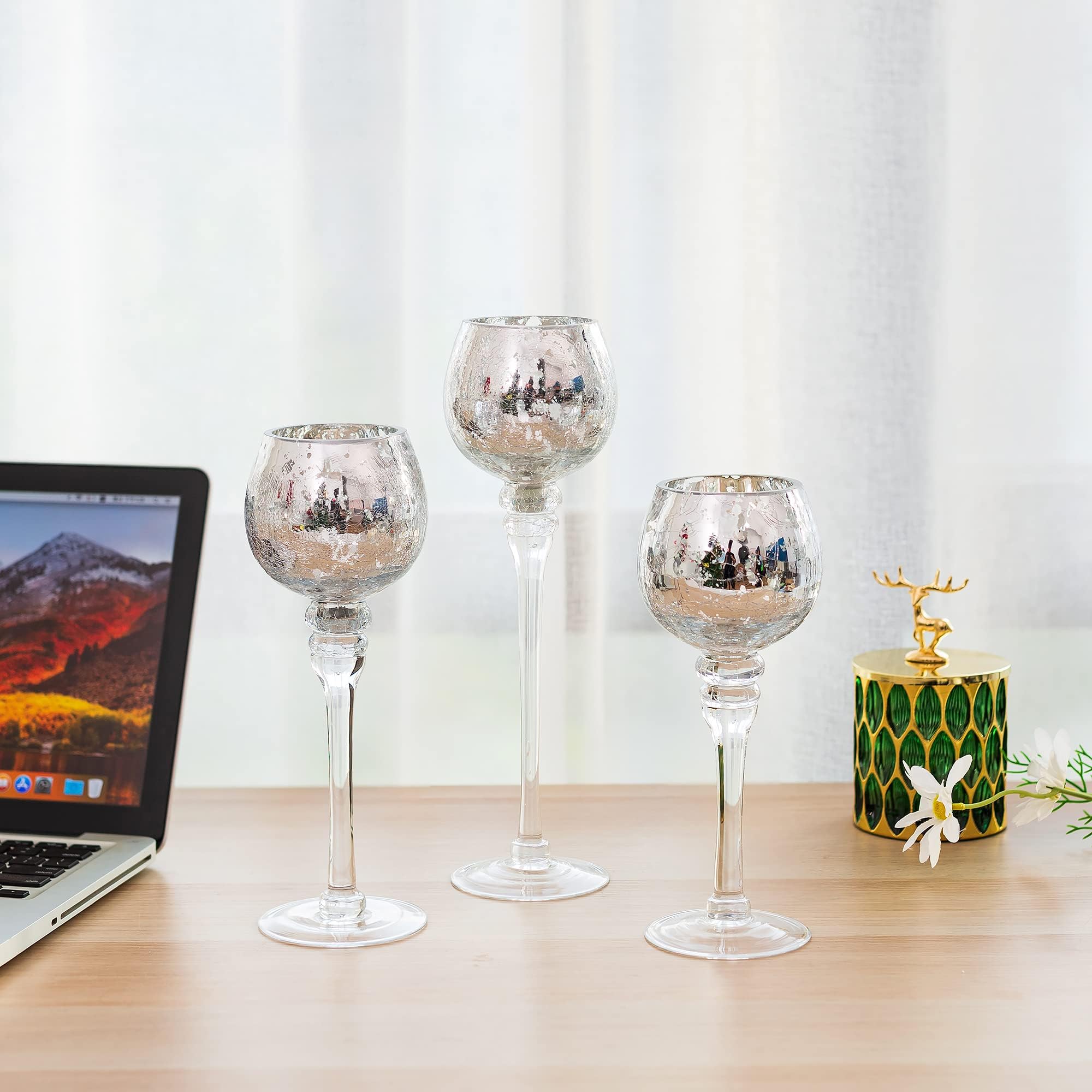 Long Stem Glass Candle Holders Set of 3 - Tall Silver Crackle Mercury Glass Tea Light Holders for Wedding Centerpieces, Party Decor, Home Tabletop Decorations - Perfect for Romantic Dinners, Holiday Tablescapes & Special Occasions