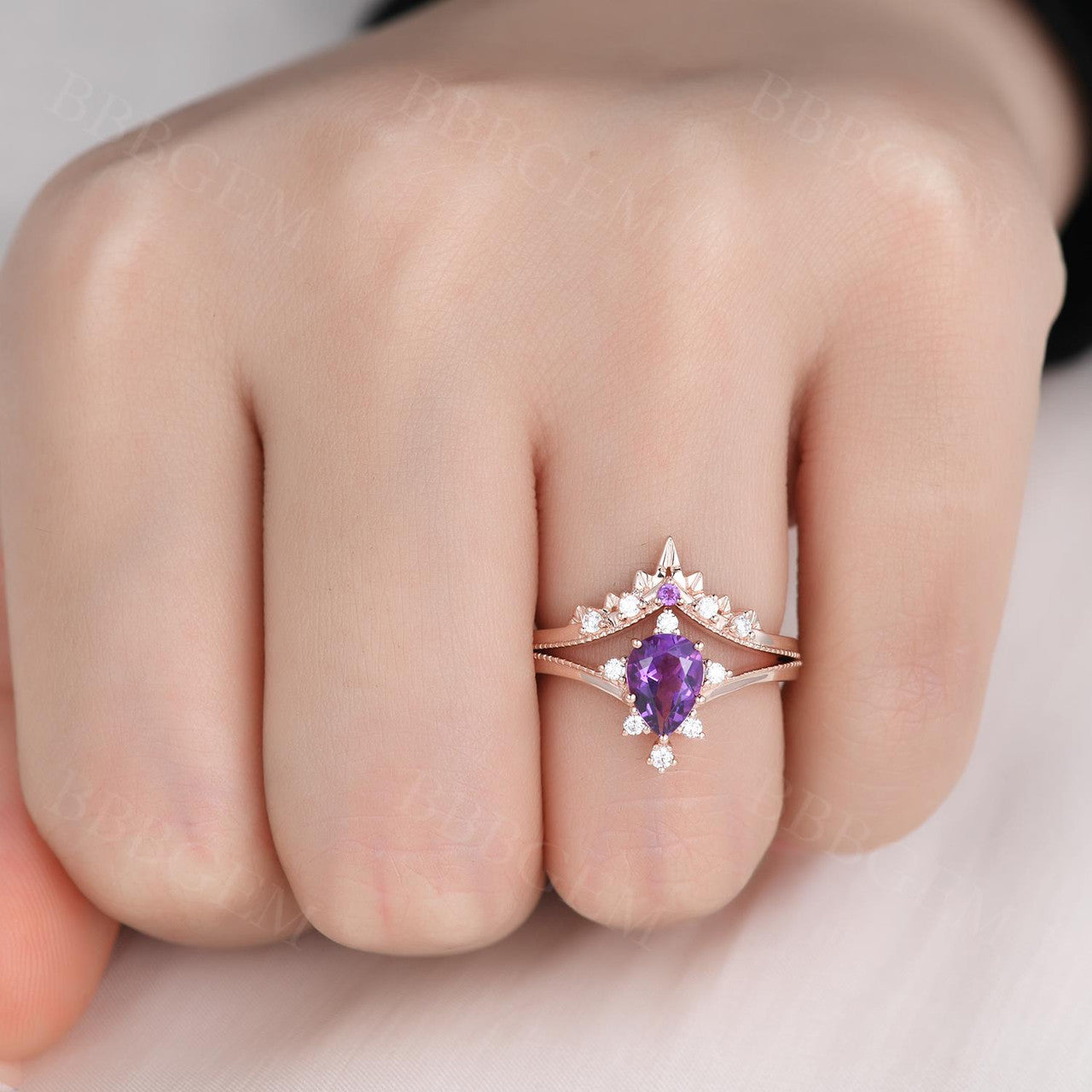 Natural Amethyst Purple Crystal Ring Set - 2 Piece Pear Cut Wedding Band for Women, Elegant Gemstone Jewelry Gift for Brides, Anniversary & Special Occasions