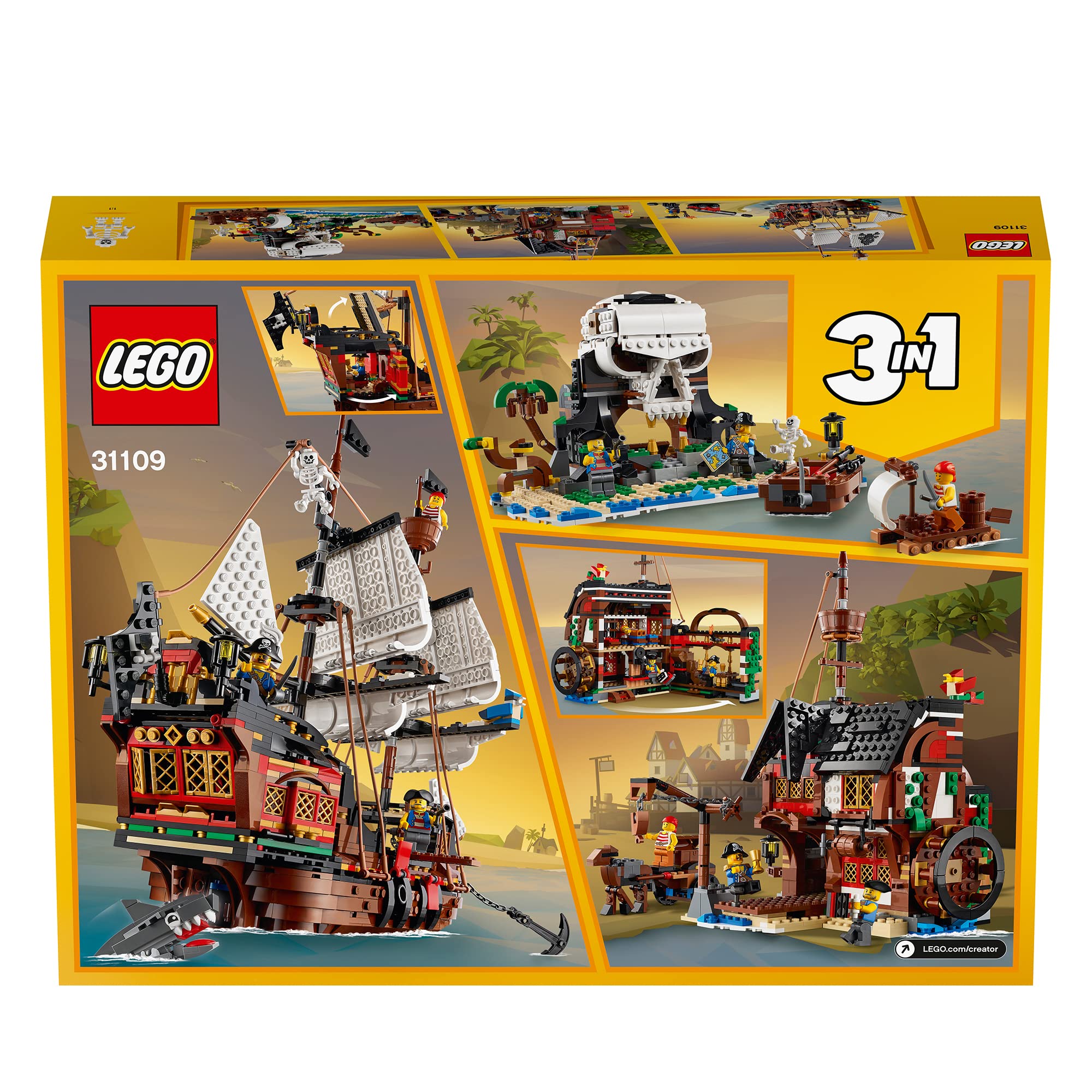 LEGO 31109 Creator 3-in-1 Pirate Ship Building Toy - Transformable to Tavern & Skull Island, Educational & Creative Construction Set for Kids Ages 9+ | Perfect for Imaginative Play, Birthday Gifts & STEM Learning Activities
