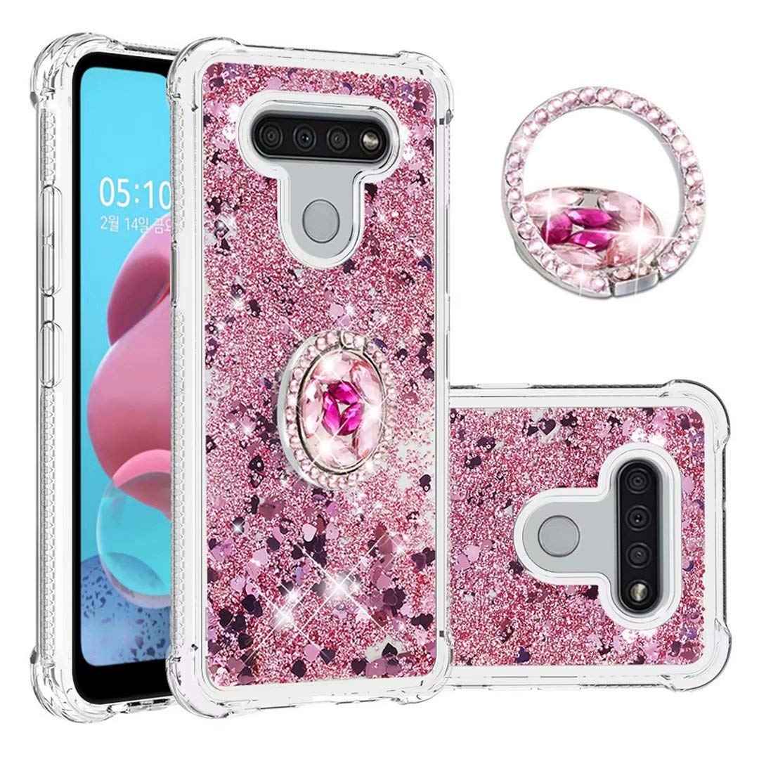 Premium LG K51 Phone Case - Shockproof Silicone TPU Cover with Kickstand & Ring Holder (Rose Gold Heart Design) - Perfect for Women & Girls - Ideal for Daily Use, Work, and Travel Protection