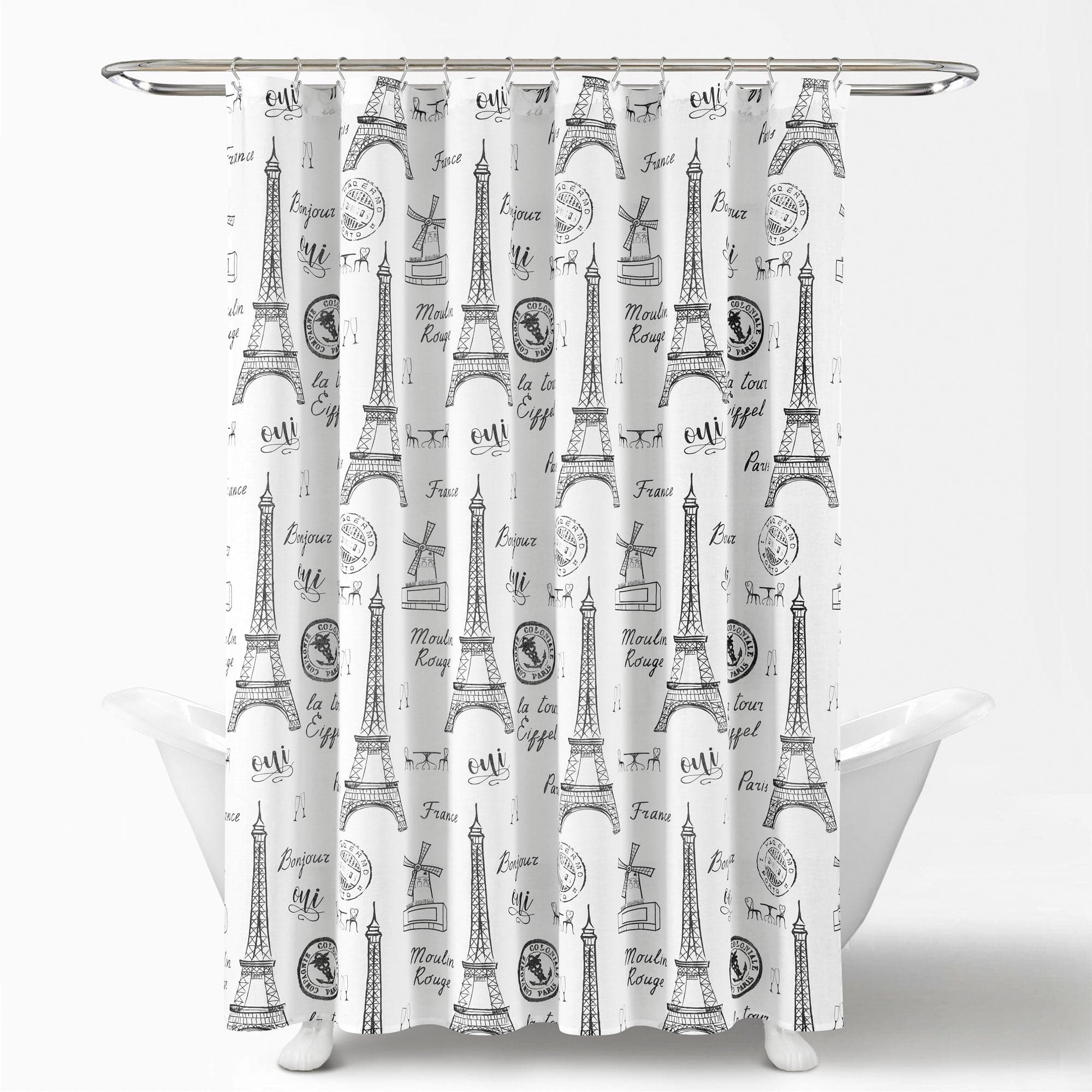 Paris Bonjour Cotton Shower Curtain - Waterproof Bathroom Decor with Eiffel Tower Design - Perfect for French Theme Bathrooms & Parisian Style Home Decor