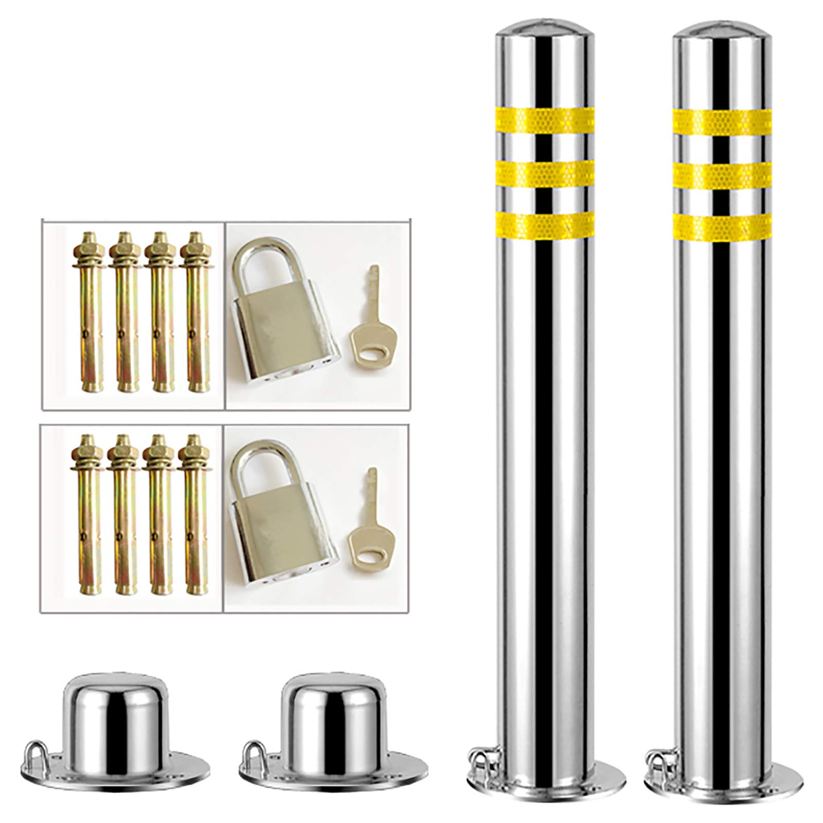 Stainless Steel Driveway Security Posts with Reflective Tape - Pack of 2 (600mm×76mm) | Rust-Proof & Easy Installation | Perfect for Parking Lots, Garages & Property Protection