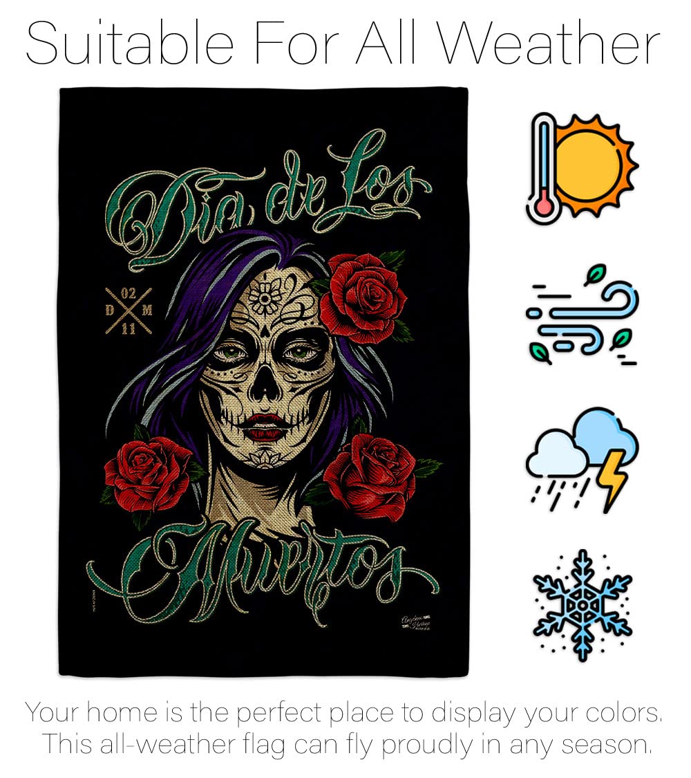 La Catrina Rose Burlap Garden House Flag Kit - Double-Sided Fall Day of the Dead Decor | Dia De Los Muertos Fiesta Mexican Party Banner | Autumn Yard Decoration | Made in USA | Perfect for Halloween, Thanksgiving & Outdoor Seasonal Displays