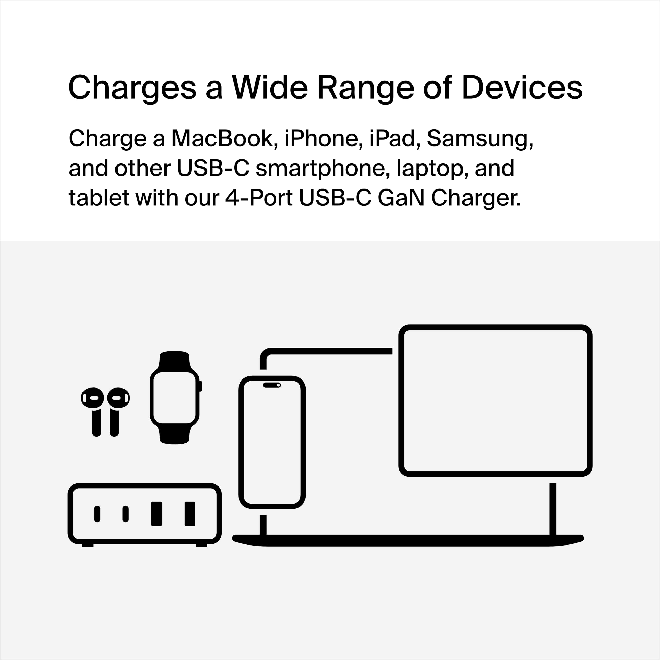 Belkin 108W GaN USB-C Fast Charging Station - 4-Port Desktop Charger Hub for iPhone 15/14/13, MacBook Pro/Air, iPad, Apple Watch - Compact Power Adapter for Home, Office & Travel (Black)