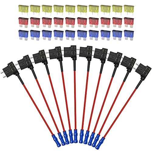 FABOOD F 10 Pack 12V Car Add-A-Circuit Fuse Tap Adapter - Standard ATO/ATC/APR/ATS Blade Fuse Holder with 10A/15A/20A Fuses for Cars, Trucks & Boats - Easy Electrical Circuit Installation for DIY Auto Upgrades