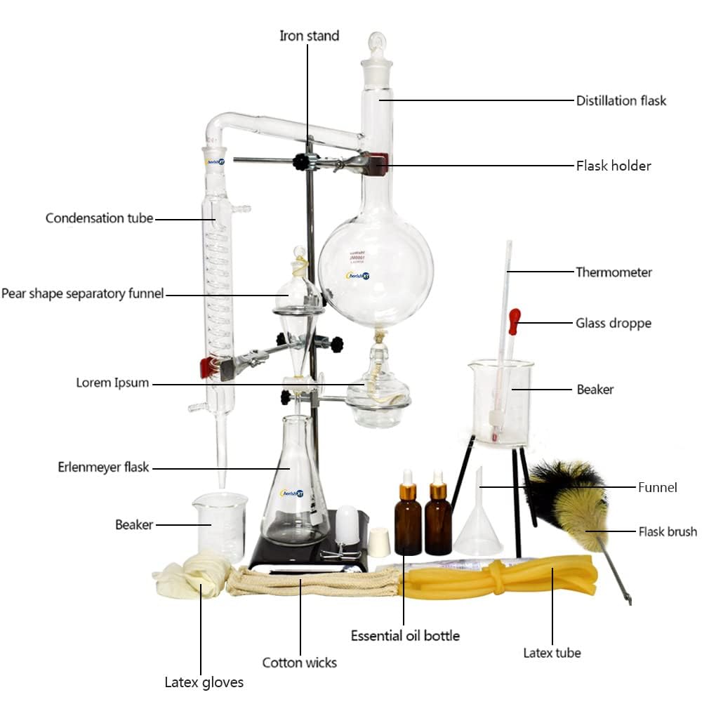 1000ML Essential Oil Distillation Kit - Glass Distillation Apparatus with Condenser & Flask for Home Lab, Aromatherapy, Herbal Extraction & Water Purification | Perfect for DIY Essential Oils, Hydrosols & Distilled Water