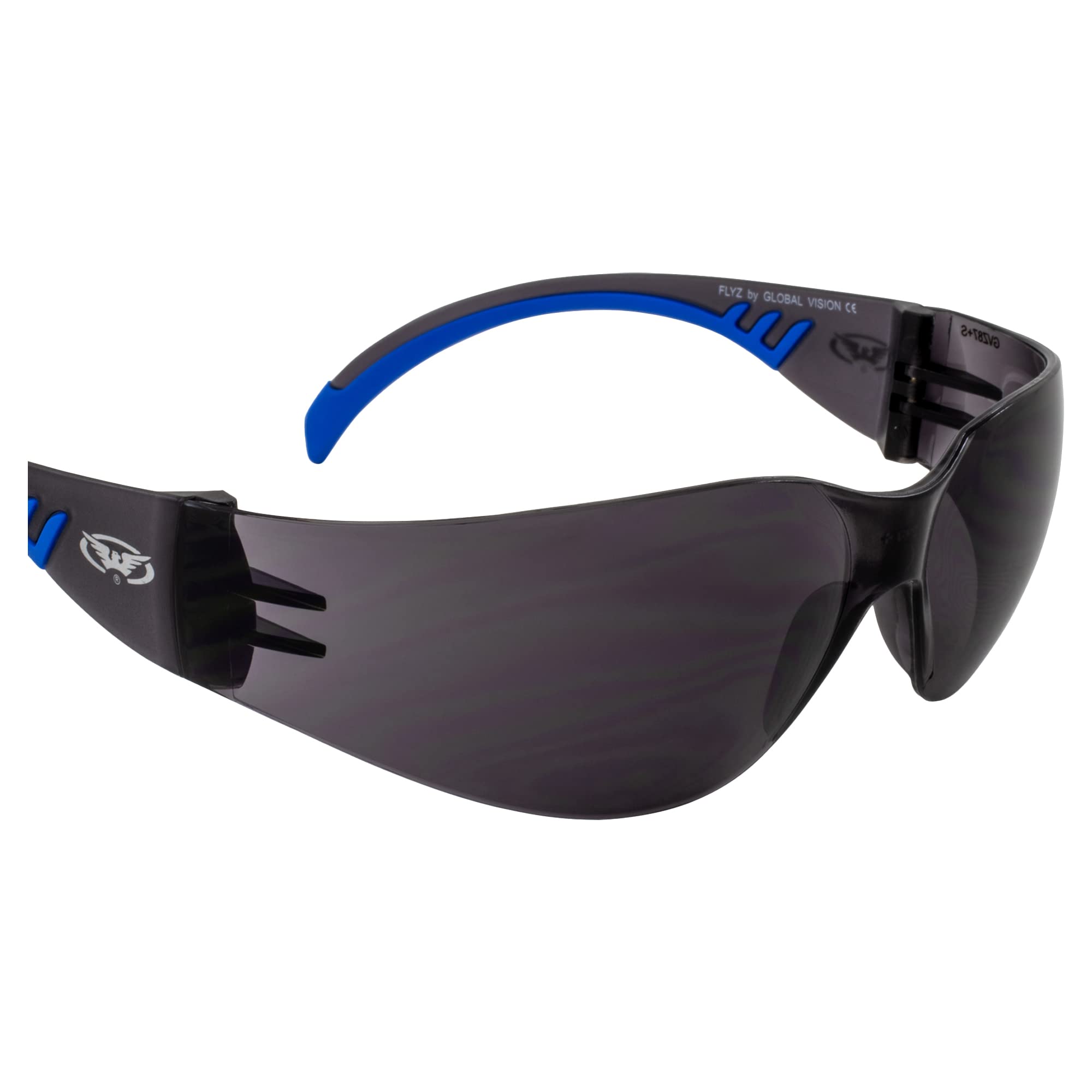 Global Vision Flyz One-Piece Motorcycle Safety Sunglasses - ANSI Z87.1 Certified, Shatterproof Polycarbonate Lenses, UV400 Protection, Scratch Resistant - Black-Blue Rubber Tips with Smoke Lens - Perfect for Riding, Cycling, and Outdoor Sports