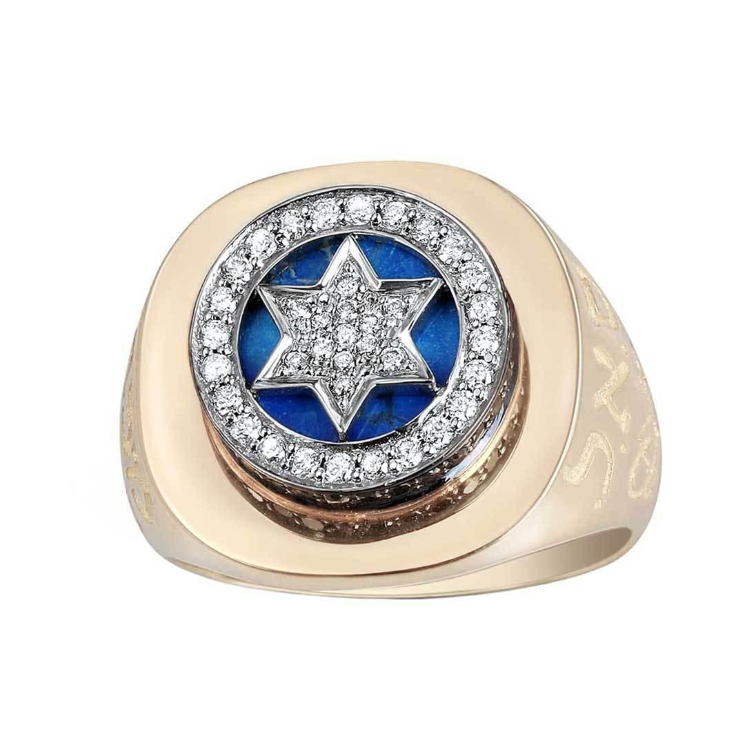 14K Yellow Gold Star of David Ring with 37 Diamonds & Blue Enamel - Elegant Jewish Jewelry for Hanukkah, Wedding & Special Occasions