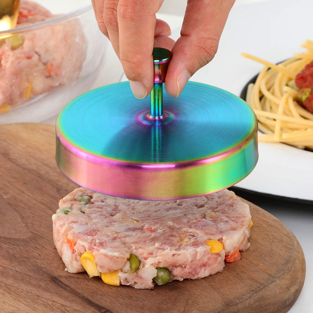 Stainless Steel Hamburger Press Maker - Round Shape Kitchen Tool for Beef & Stuffed Burgers - Perfect for BBQ, Grilling & Home Cooking (Rainbow Color)