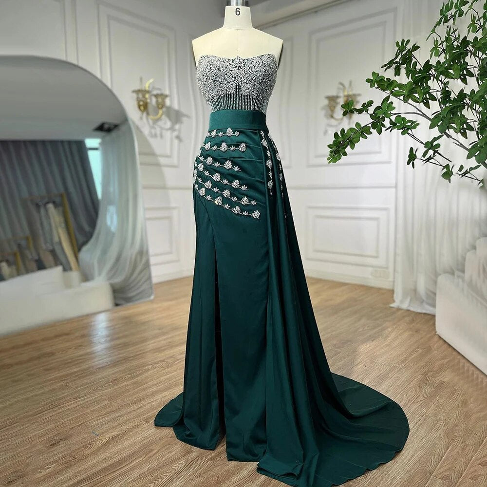 Elegant Strapless Crystal Beaded Mermaid Evening Gown with High Split & Skirt for Women - Perfect for Prom, Wedding, and Formal Parties 2025
