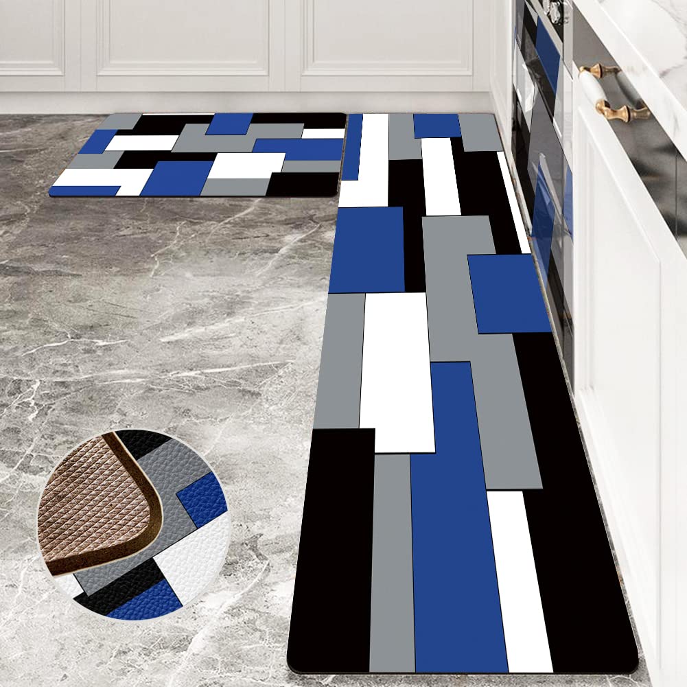 AILUER Non-Slip Kitchen Rugs Set of 2 - Blue & Black Geometric Design Cushioned Floor Mats for Kitchen, Laundry Room - 17.5