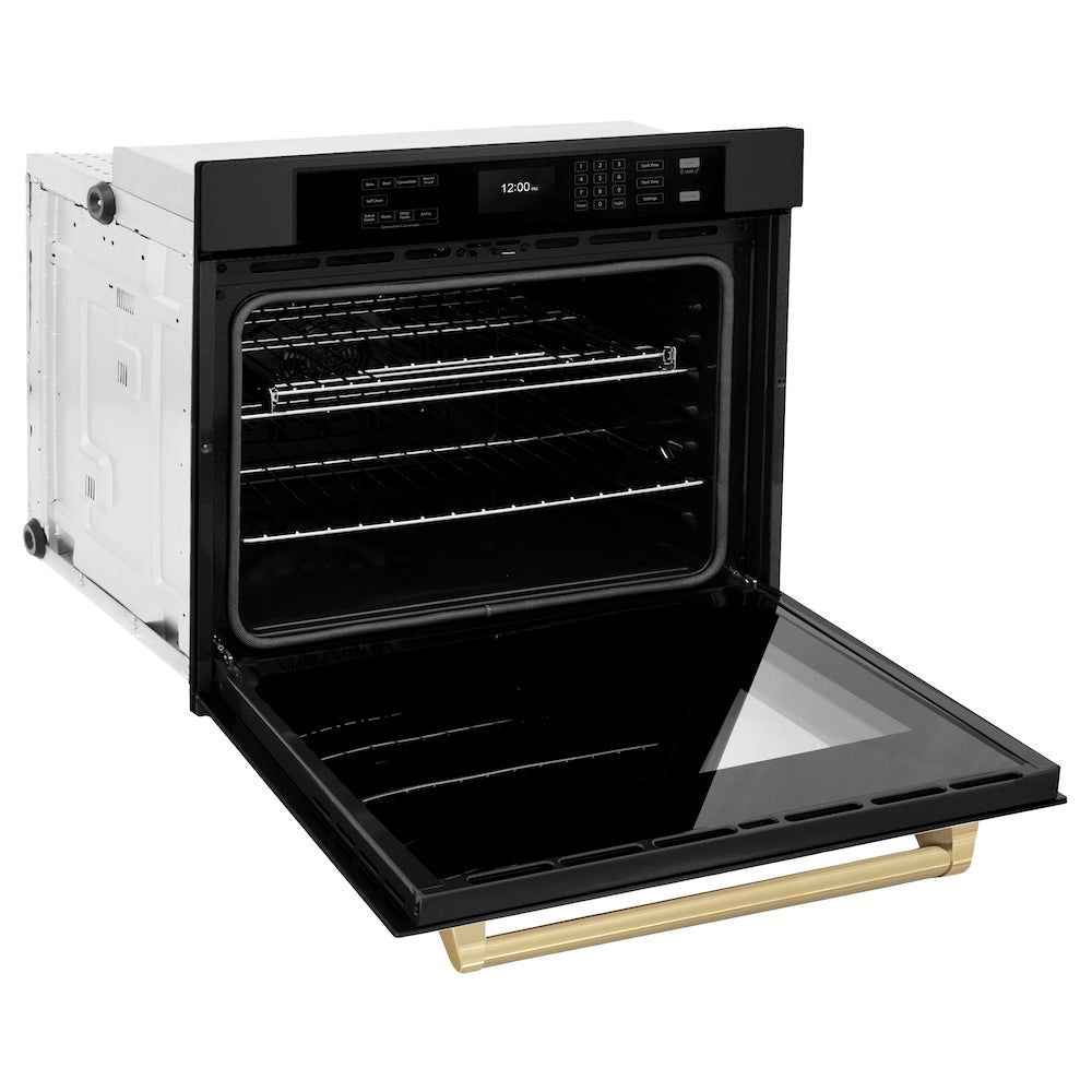 ZLINE Autograph Edition 30 Inch Professional True Convection Single Wall Oven with Air Fry & Self-Clean - Black Stainless Steel with Champagne Bronze Handle (WASBZ 30 CB) | Perfect for Modern Kitchens, Baking, Roasting & Air Frying