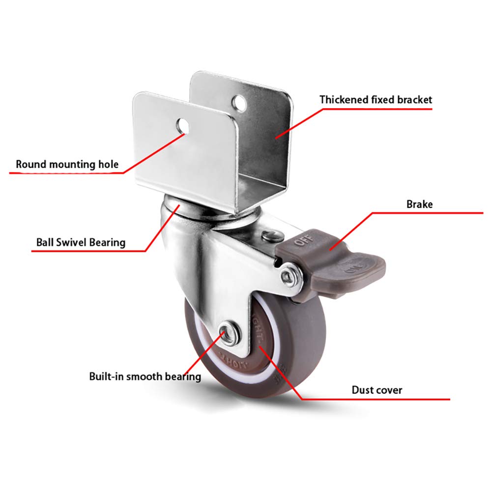 Heavy Duty 2 Inch (50mm) U-Shaped Bracket Crib Casters with Brake - 4 Pack Silent Swivel Rubber Wheels for Wooden Furniture (120kg Load Capacity, 25mm Groove Size) - Perfect for Baby Cribs, Office Chairs, and Rolling Furniture