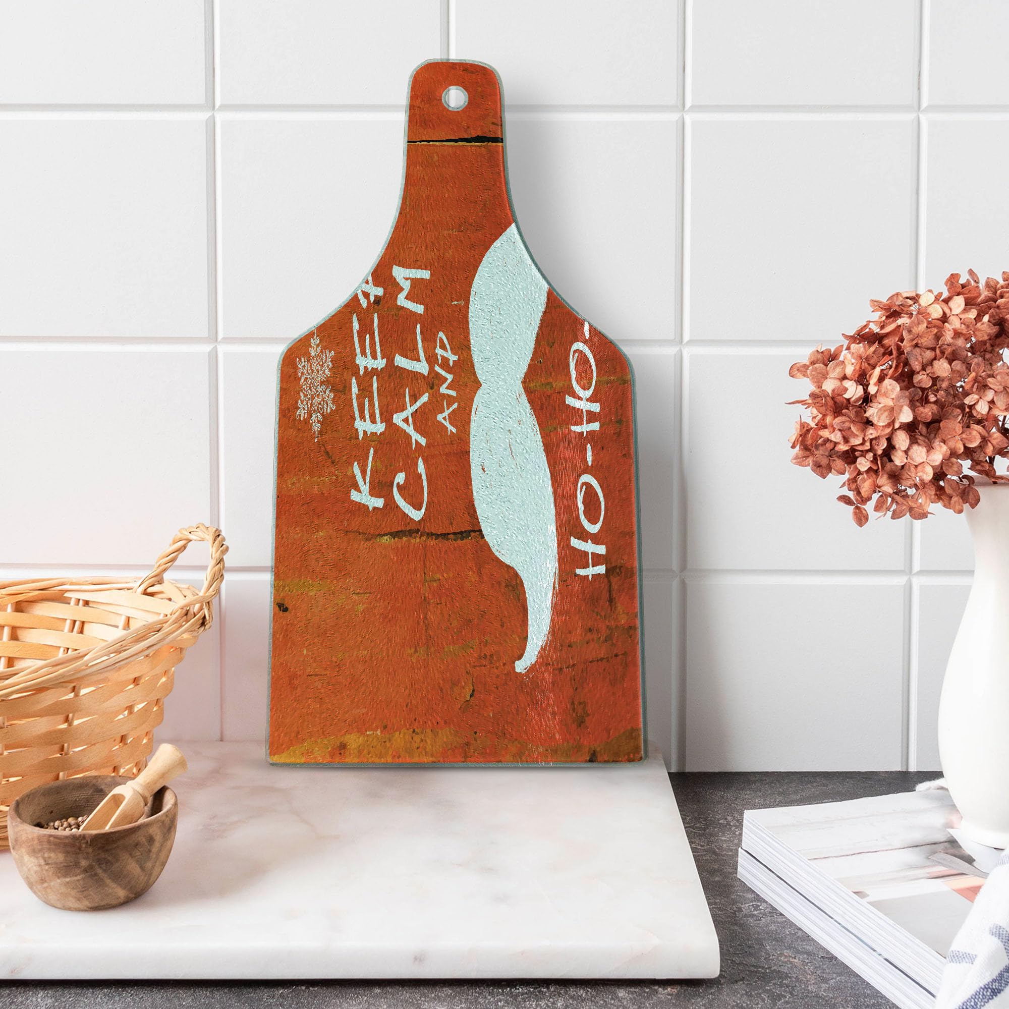 Ambesonne Christmas Themed Tempered Glass Cutting Board - Funny 'Keep Calm and Ho-Ho-Ho' Design with Moustache & Snowflakes - Decorative Serving Board in Wine Bottle Shape (Vermilion/White) - Perfect for Holiday Parties, Gift Giving & Festive Kitchen Decor
