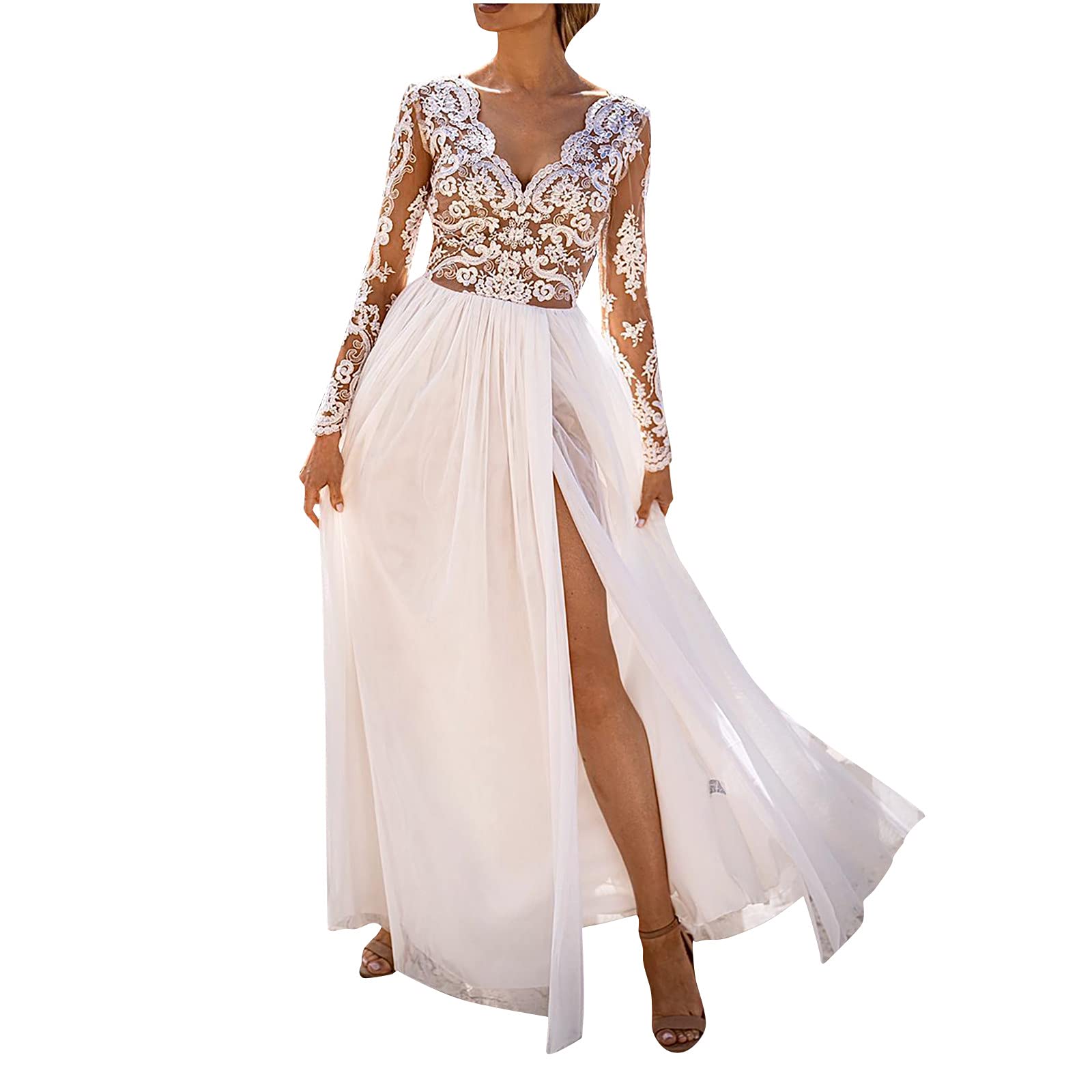 Elegant V-Neck Long Sleeve Lace Maxi Dress for Women - Sexy Slit Summer Wedding Guest Dress & Casual Party Wear | Perfect for Beach Vacations, Date Nights & Special Occasions