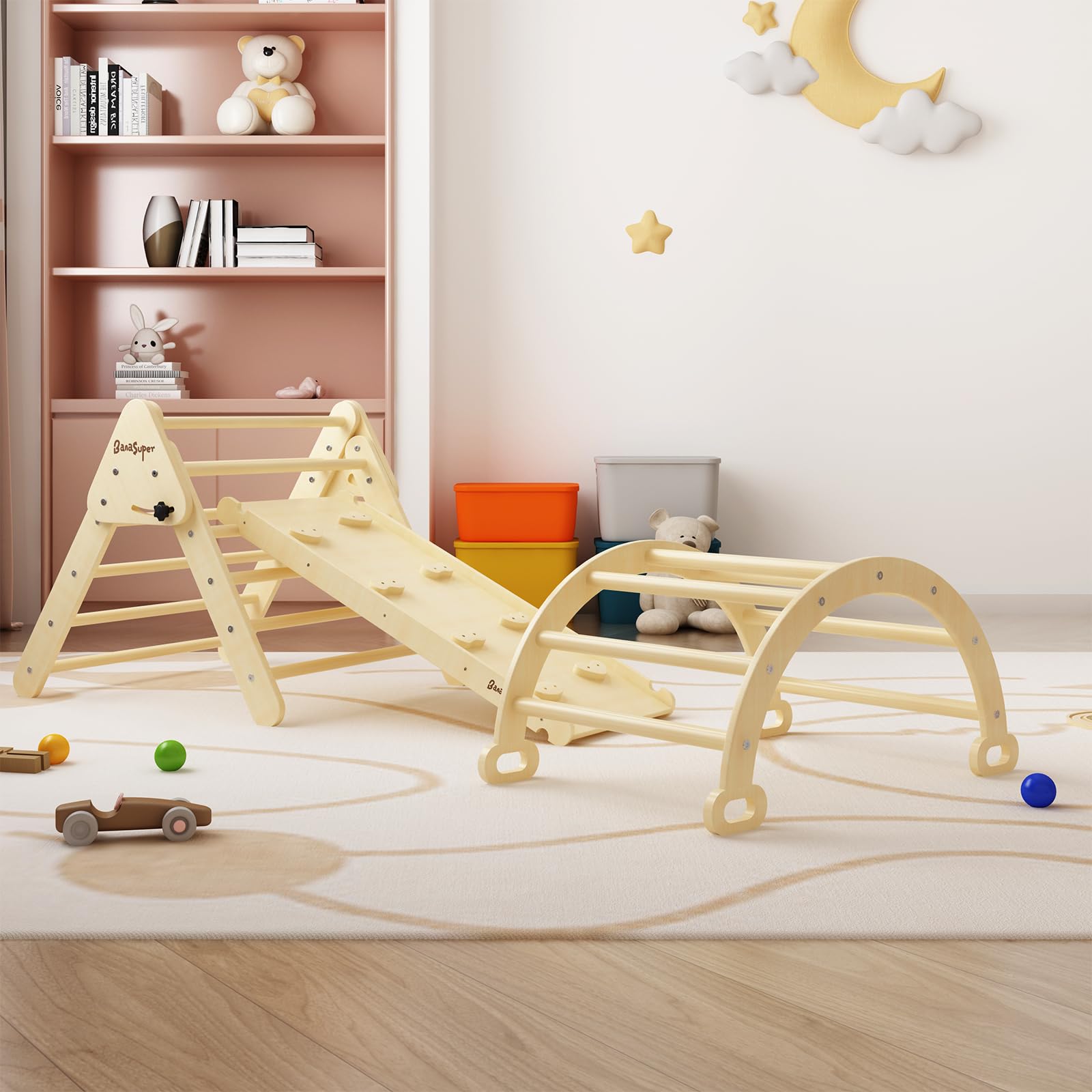 BanaSuper 3-in-1 Foldable Wooden Climbing Triangle Set with Ramp & Arch - Montessori Toddler Climbing Gym for Indoor & Outdoor Play - Perfect Gift for Boys & Girls - Ideal for Playrooms, Backyards, and Preschools