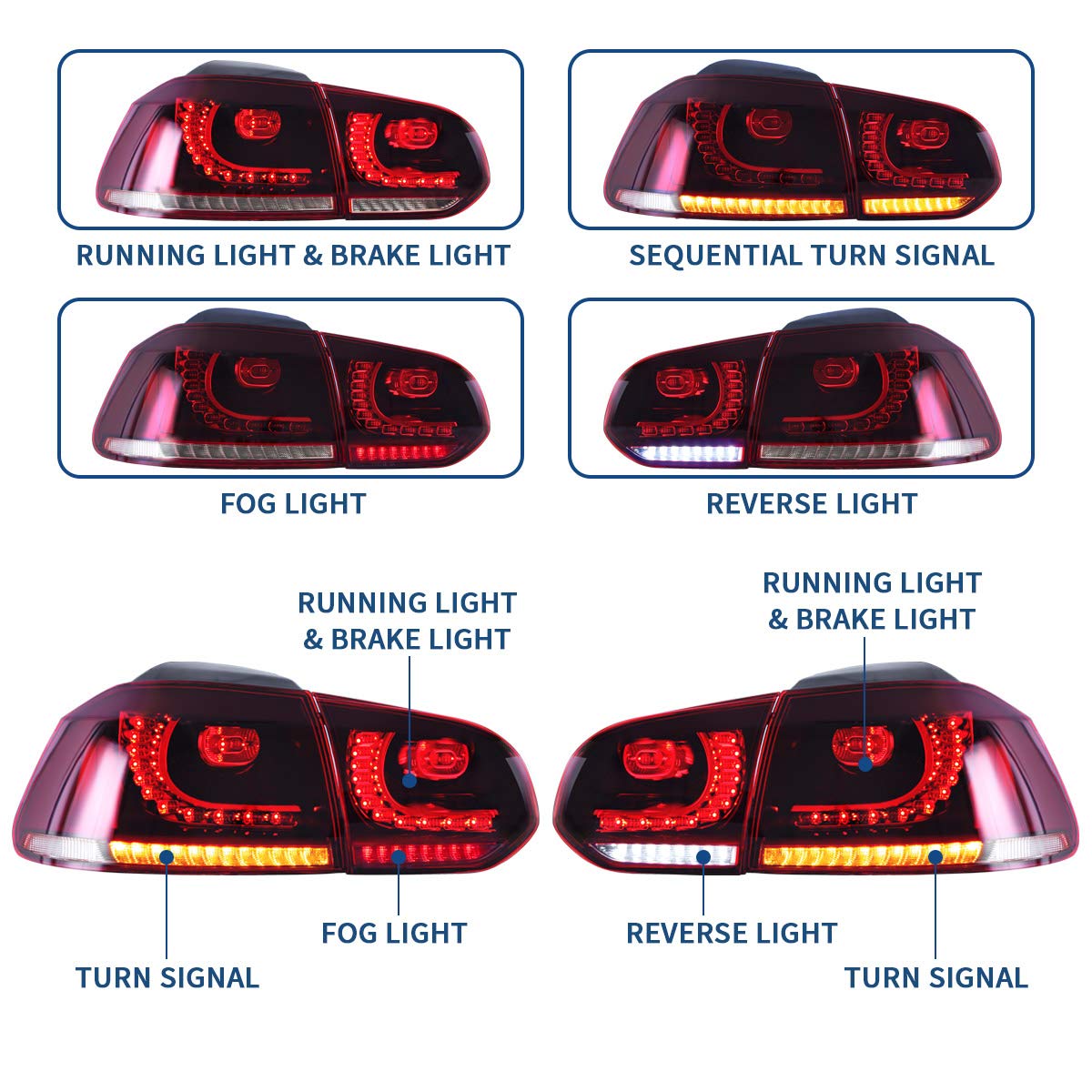 VLAND LED Tail Lights for 2010-2014 VW Golf 6 MK6 GTI & 2012-2013 Golf R - Red & Smoked Lens LED Rear Lamps with Sequential Turn Signals (Excludes Convertible Models) - Perfect for Car Upgrades & Night Driving Safety