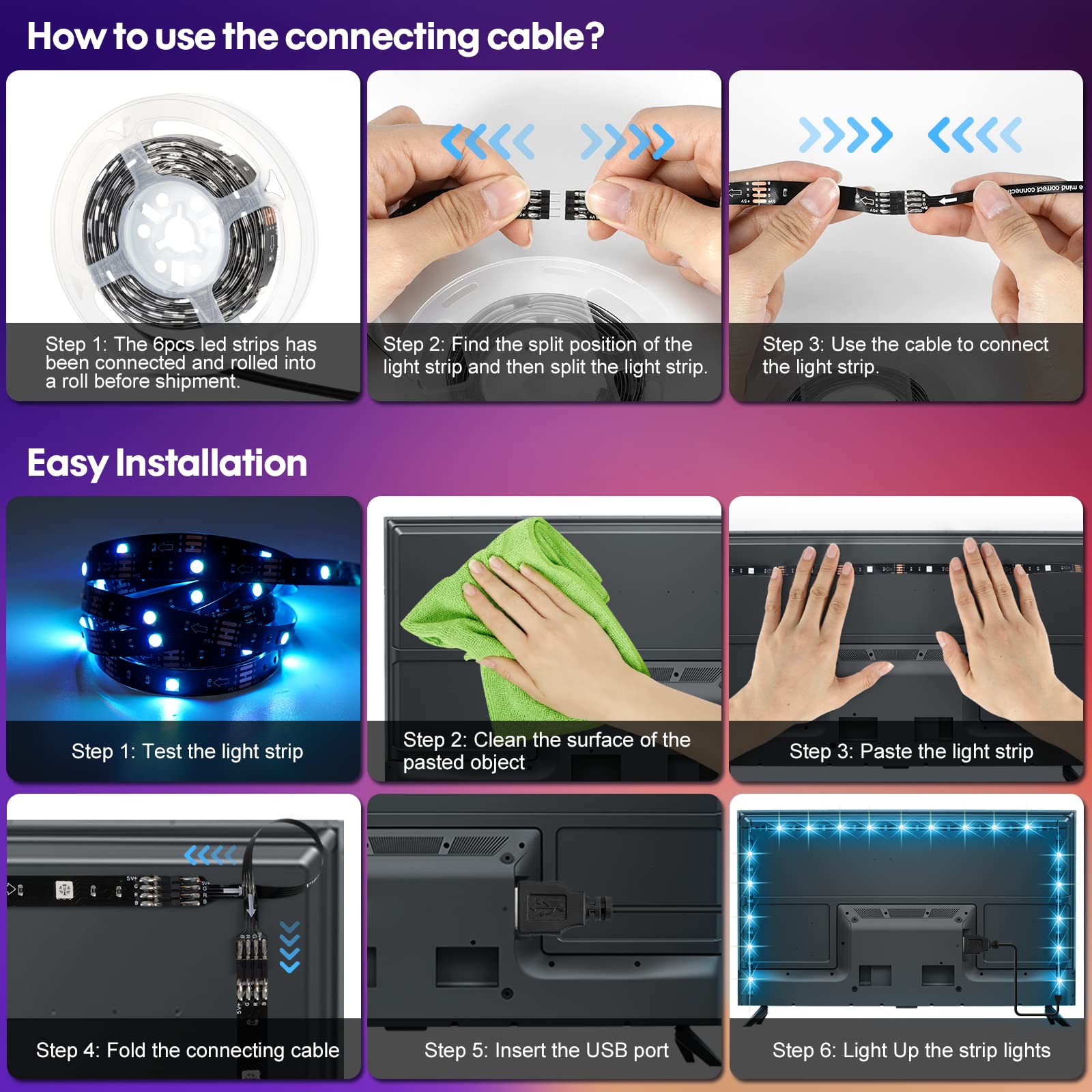 RGB LED Strip Lights for TV - 10ft App & Remote Control, Music Sync - Perfect for Bedroom & PC Monitor
