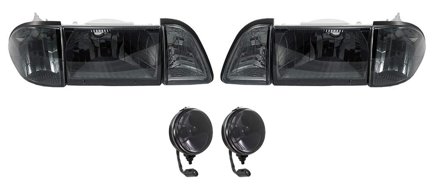 1987-1993 Mustang GT Euro Smoked Headlights with Amber Side Markers & Fog Lights - High Performance Lighting Upgrade for Classic Ford Mustang GT - Perfect for Night Driving & Car Shows