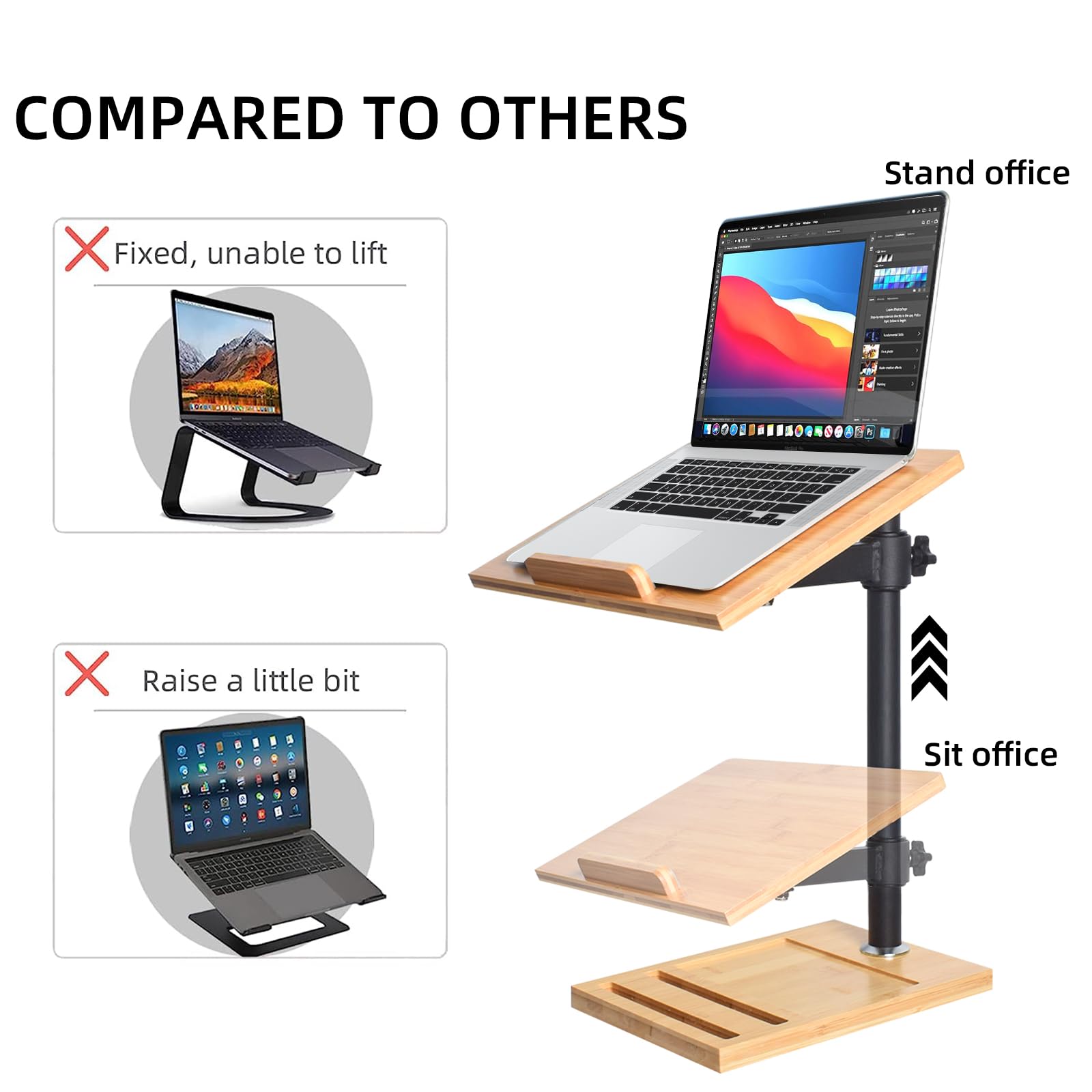 Adjustable Wooden Laptop Stand with Phone Holder - Ergonomic Height Adjustable Computer Riser for Desk, Durable & Stable with Cooling Airflow - Fits Up to 17 Inch Laptops (13.2