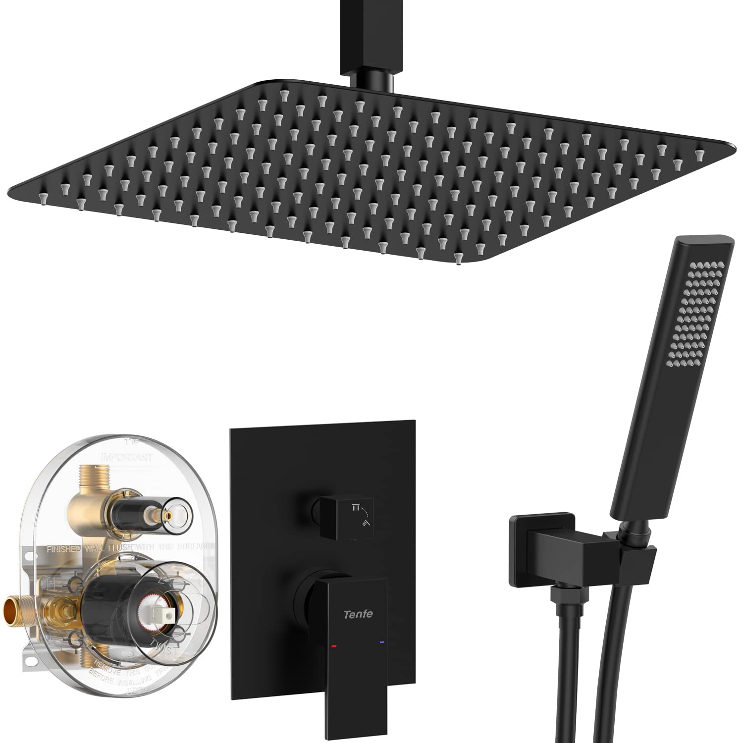 **12 Inch Matte Black Ceiling Mount Shower System - Tenfe Overhead Rain Shower Head with Faucet Set for Luxurious Bathroom Upgrade | Perfect for Modern & Spa-Like Showers**