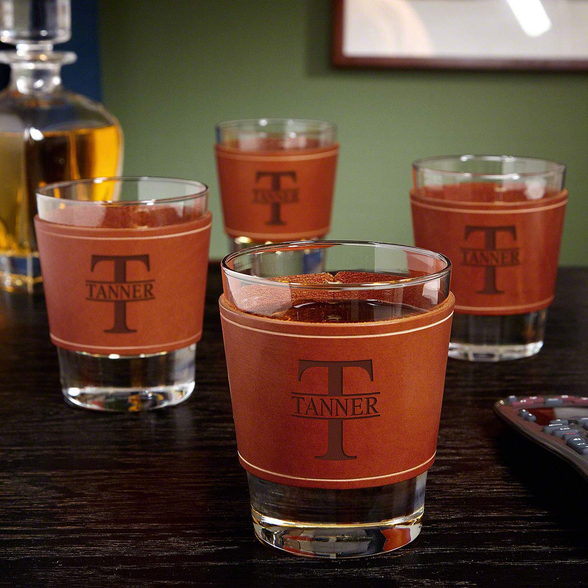Personalized Whiskey Glass Set - 4PC 12oz Bourbon Glasses with Hand-Stitched Leather Wrap | Custom Engraved Barware for Men, Wedding Gifts & Home Entertaining