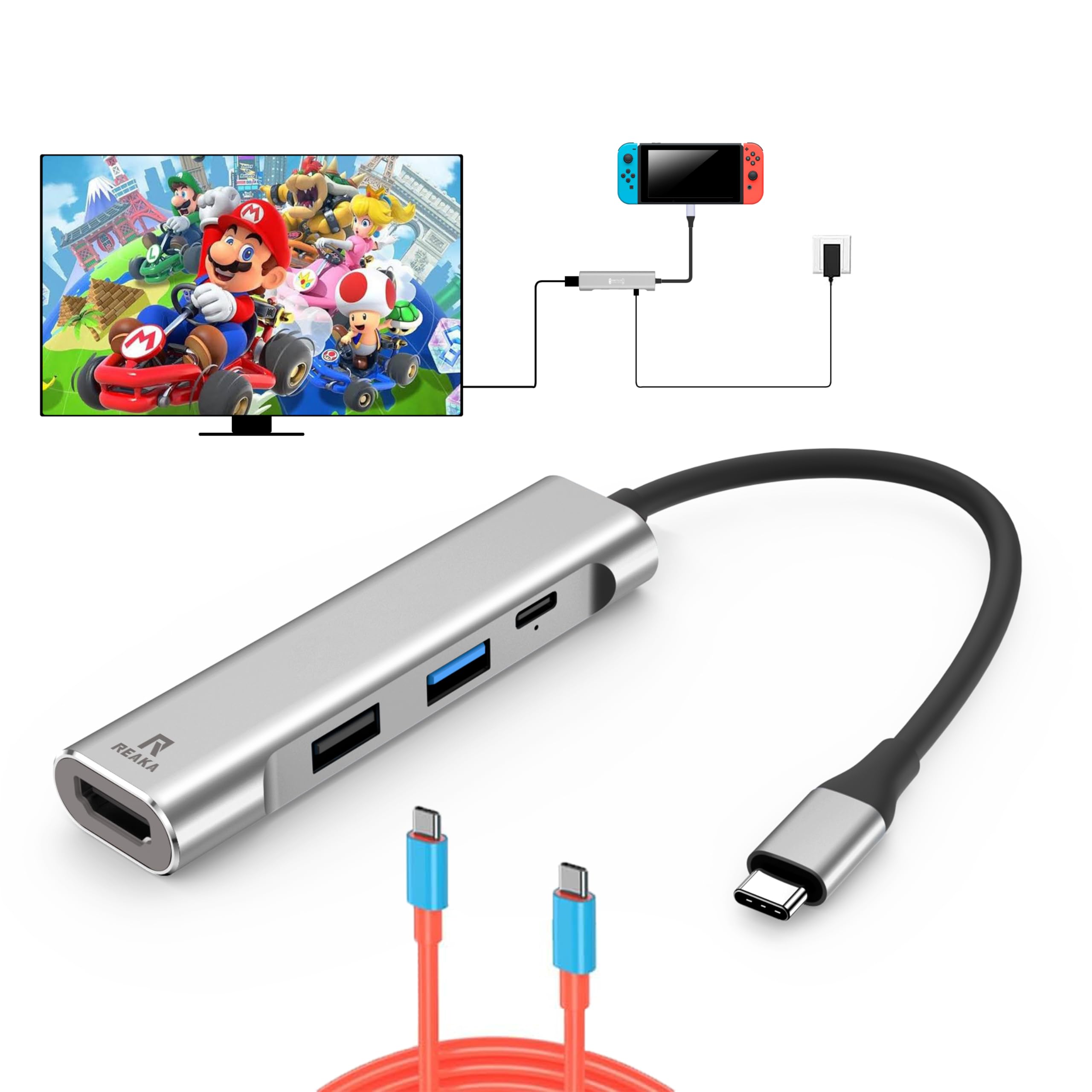 RREAKA Switch Dock for Nintendo Switch/Switch OLED - Portable 4K HDMI Docking Station Replacement with USB-C Cable | Travel & Home Gaming Setup for TV & On-the-Go Play