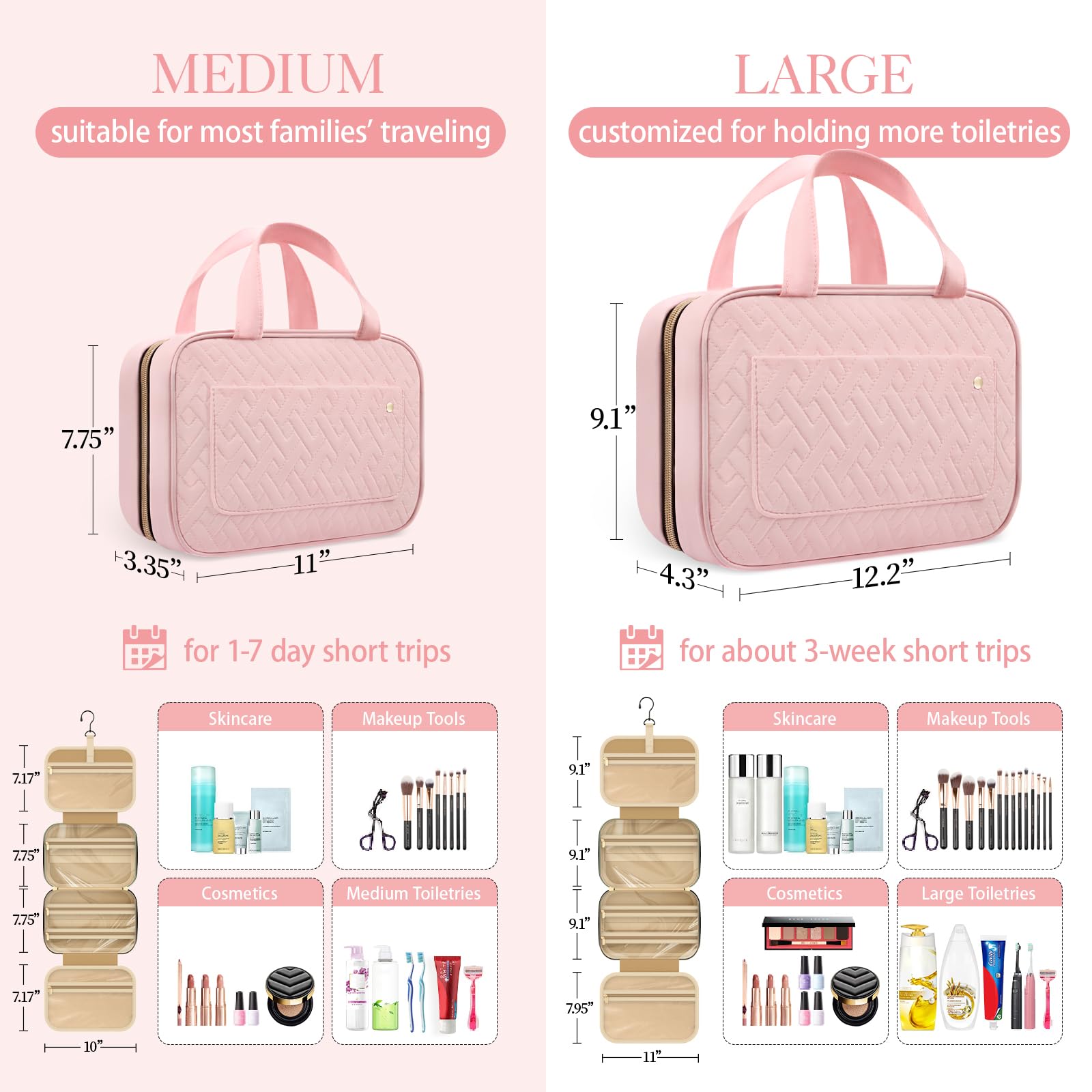 HOTOR Hanging Travel Toiletry Bag for Women - Waterproof Cosmetic Organizer with Hook, Portable Makeup Case | Perfect for Vacation, Business Trips & Gym Essentials (Pink)