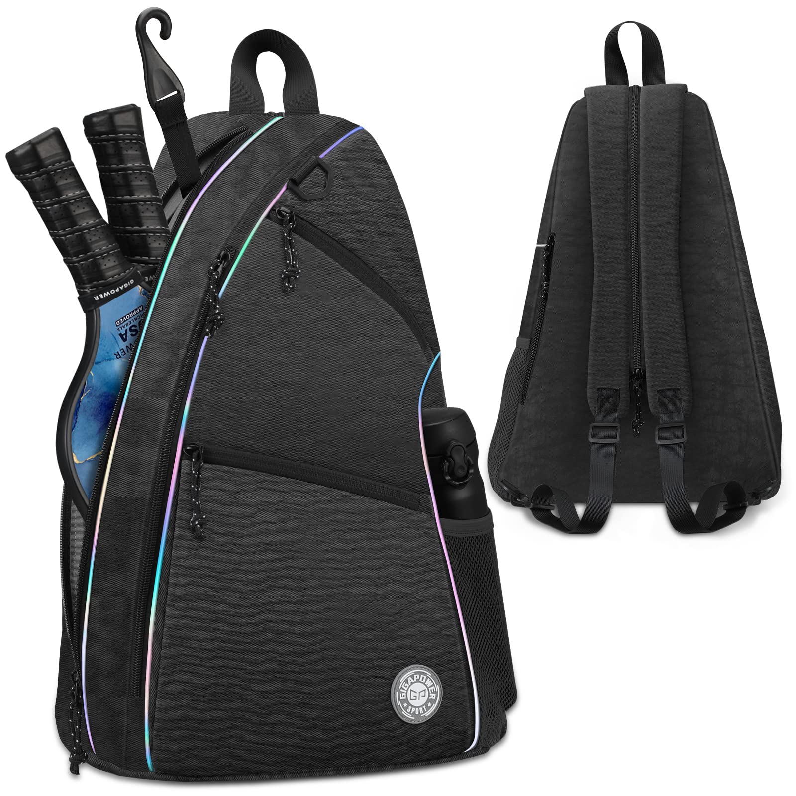 GigaPower Pickleball Backpack for Men & Women - Adjustable Sling Bag with Light Reflective | Reversible Crossbody Sports Bag (Black) - Perfect for Pickleball Tournaments, Gym & Outdoor Activities