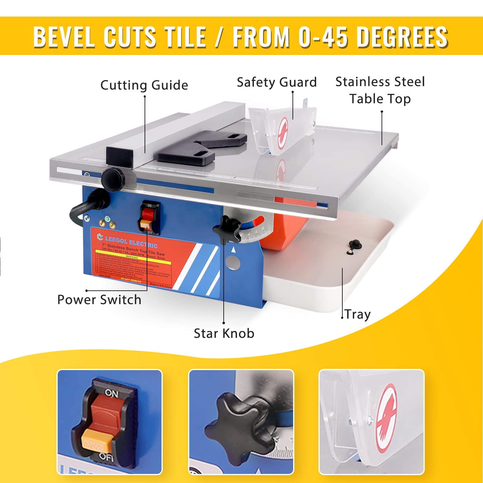 Leegol Electric 7-Inch Wet Tile Saw with Water Cooling System - Perfect for Ceramic, Porcelain & Stone Cutting - DIY Home Renovation & Professional Tiling Projects