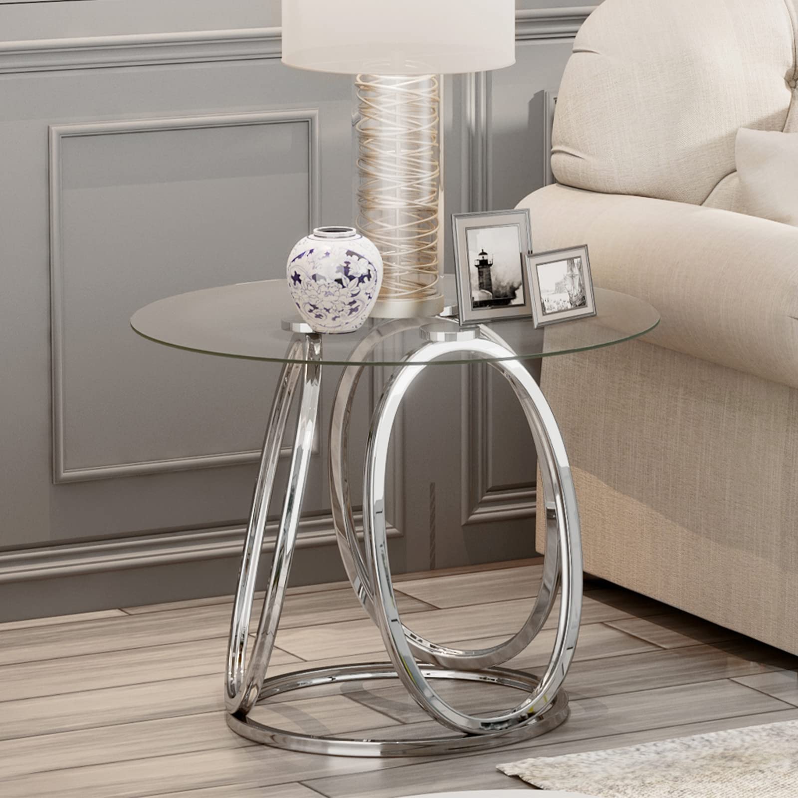 Modern Silver Glass End Table with Chrome Metal Frame - Round Side Table for Living Room, Bedroom & Home Office - Stylish Nightstand for Small Spaces, Dorm & Apartment Decor - 1 PC